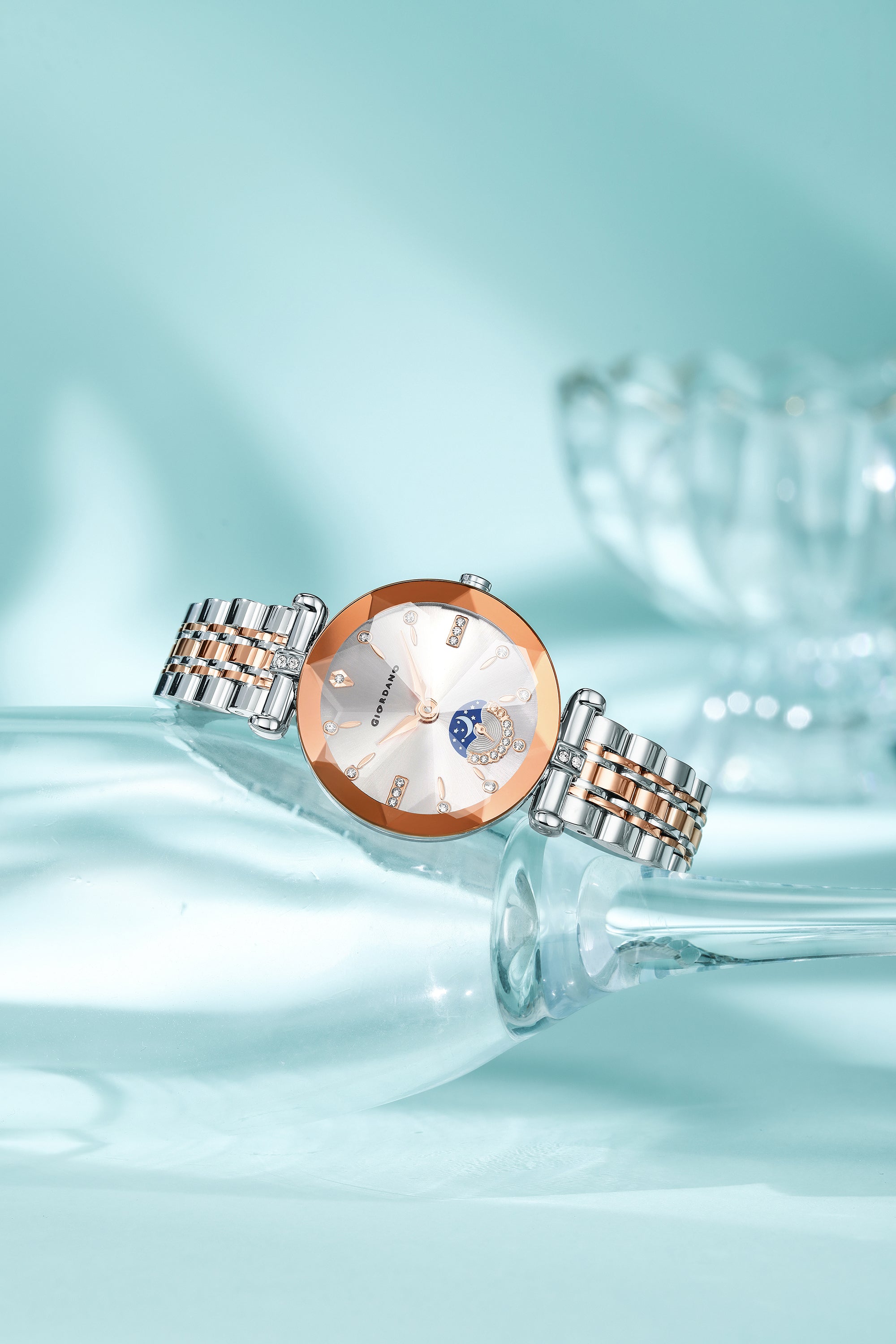 Giordano Analog Quartz Watch for Women with Silver Round Sunray Dial, Moonphase Display, Diamond Studded Hour Markers and Two-Tone Silver & Rose Gold Stainless Steel Bracelet - GZ-60094-55