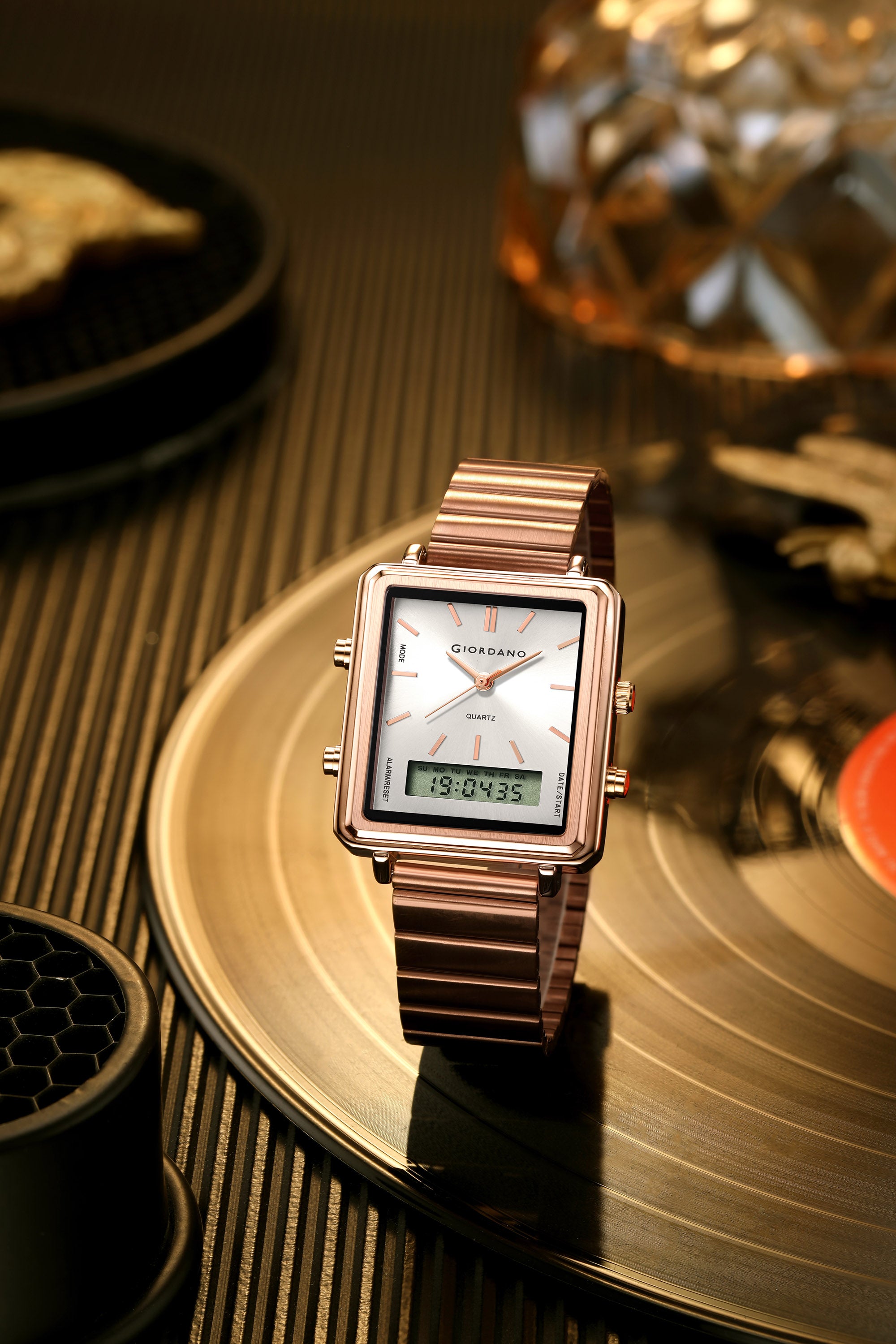 Giordano Analog Digital Watch for Men with Square White Dial, Dual Time Display, Rose Gold Stainless Steel Strap - GZ-50210-77