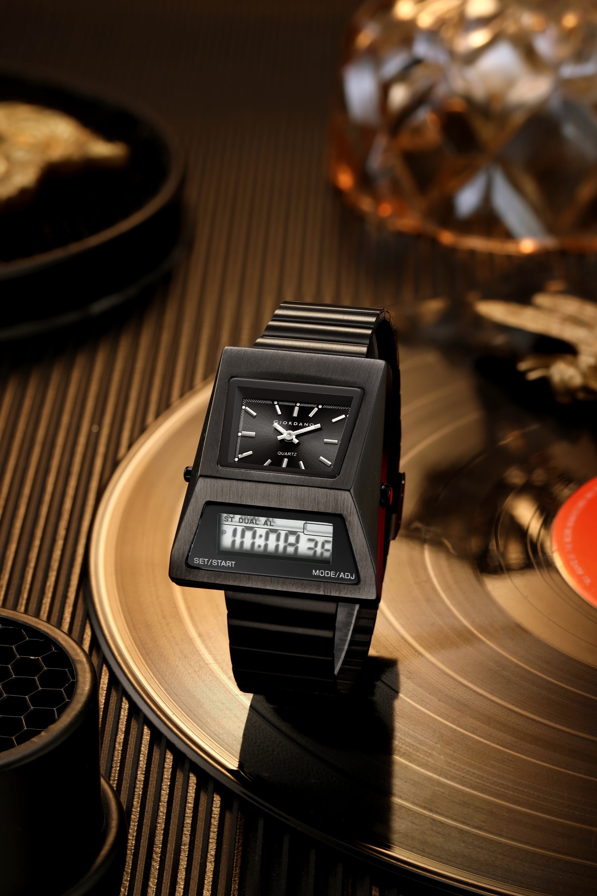 Giordano Analog Digital Watch for Men with Triangle Shape Black Dial, Dual Time Display, Black Stainless Steel Strap - GZ-50205-11