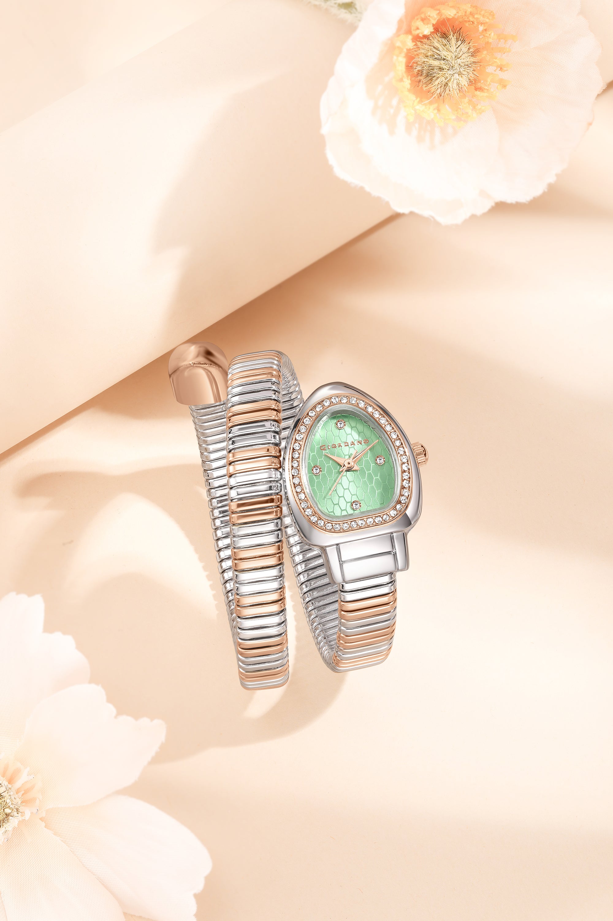 Giordano Serpentine Collection Analog Quartz Watch for Women with Green Honeycomb-Textured Dial, Crystal Bezel & Markers, Snake-Style Wrap-Around Two-Tone Stainless Steel Strap - GZ-60188-22