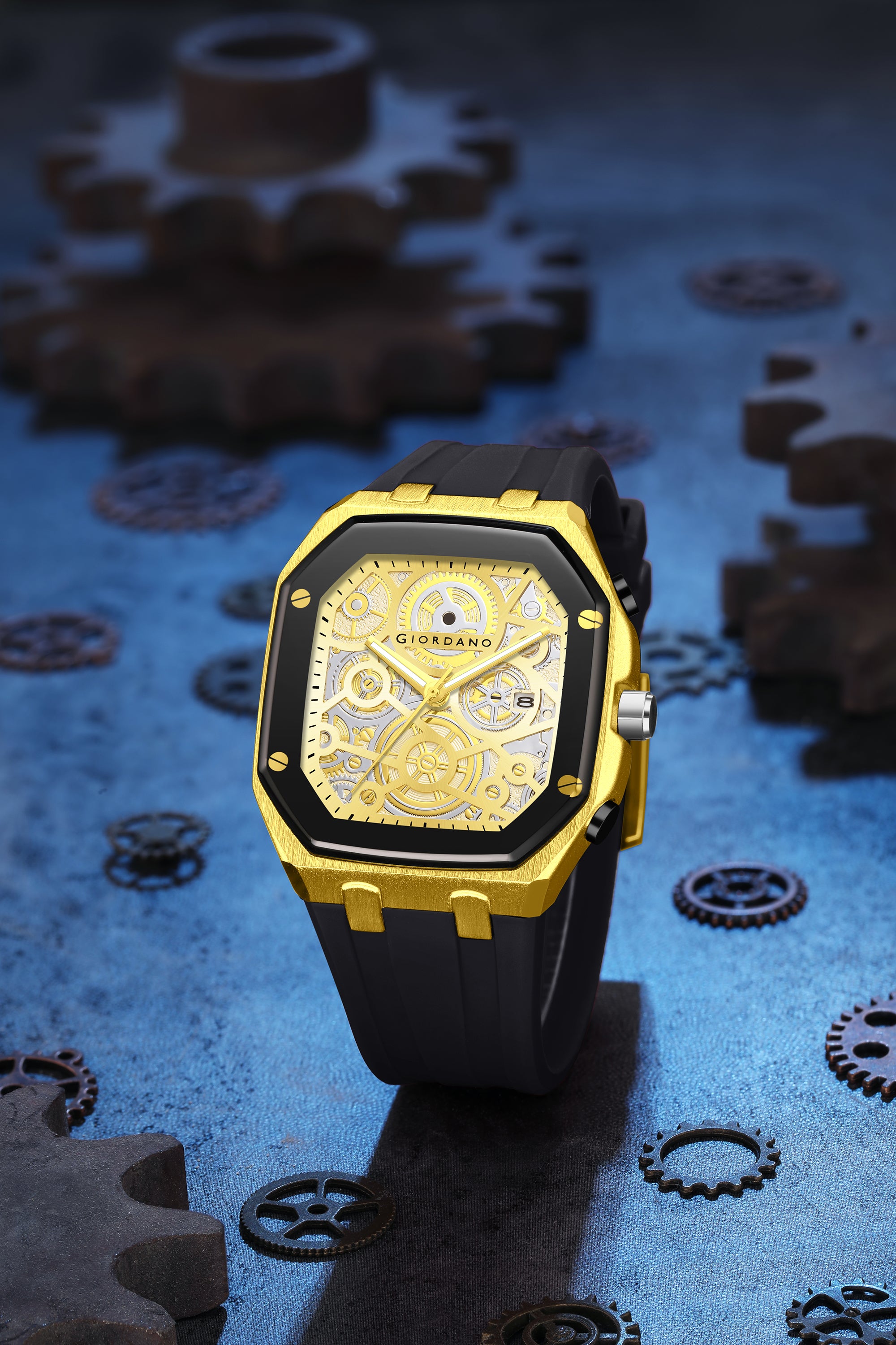 Giordano Skeleton Dial Analog Watch for Men – Gold Tone Case, Black Silicone Strap, Date Display & Transparent Mechanical Design GZ-50221-02