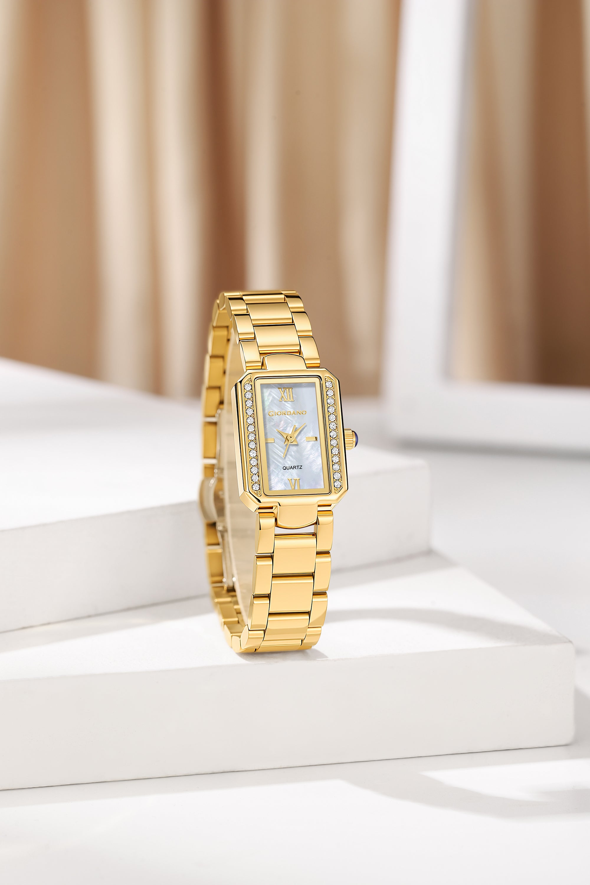 Giordano Analog Quartz Watch for Women with sunray Rectangle White Dial, Roman indices, Crystal studded bezel, Blue Crown, Gold Stainless Steel Strap - GZ-60167-11