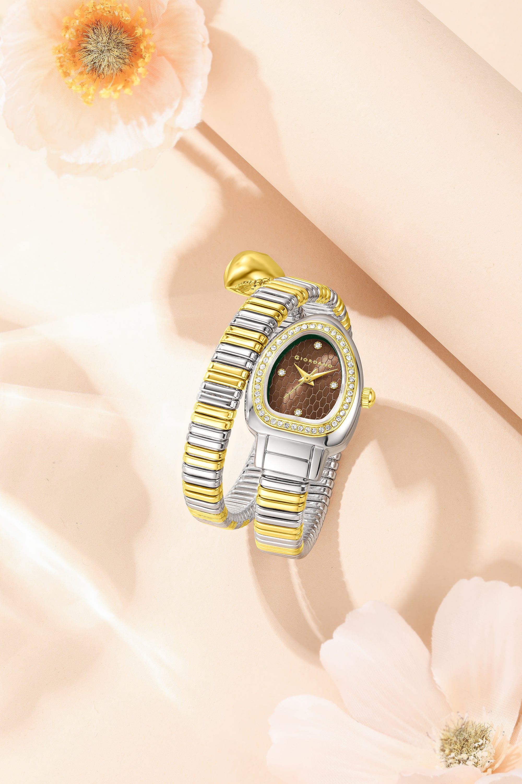 Giordano Serpentine Collection Analog Quartz Watch for Women with Brown Honeycomb-Textured Dial, Crystal Bezel & Markers, Snake-Style Wrap-Around Two-Tone Stainless Steel Strap - GZ-60188-55