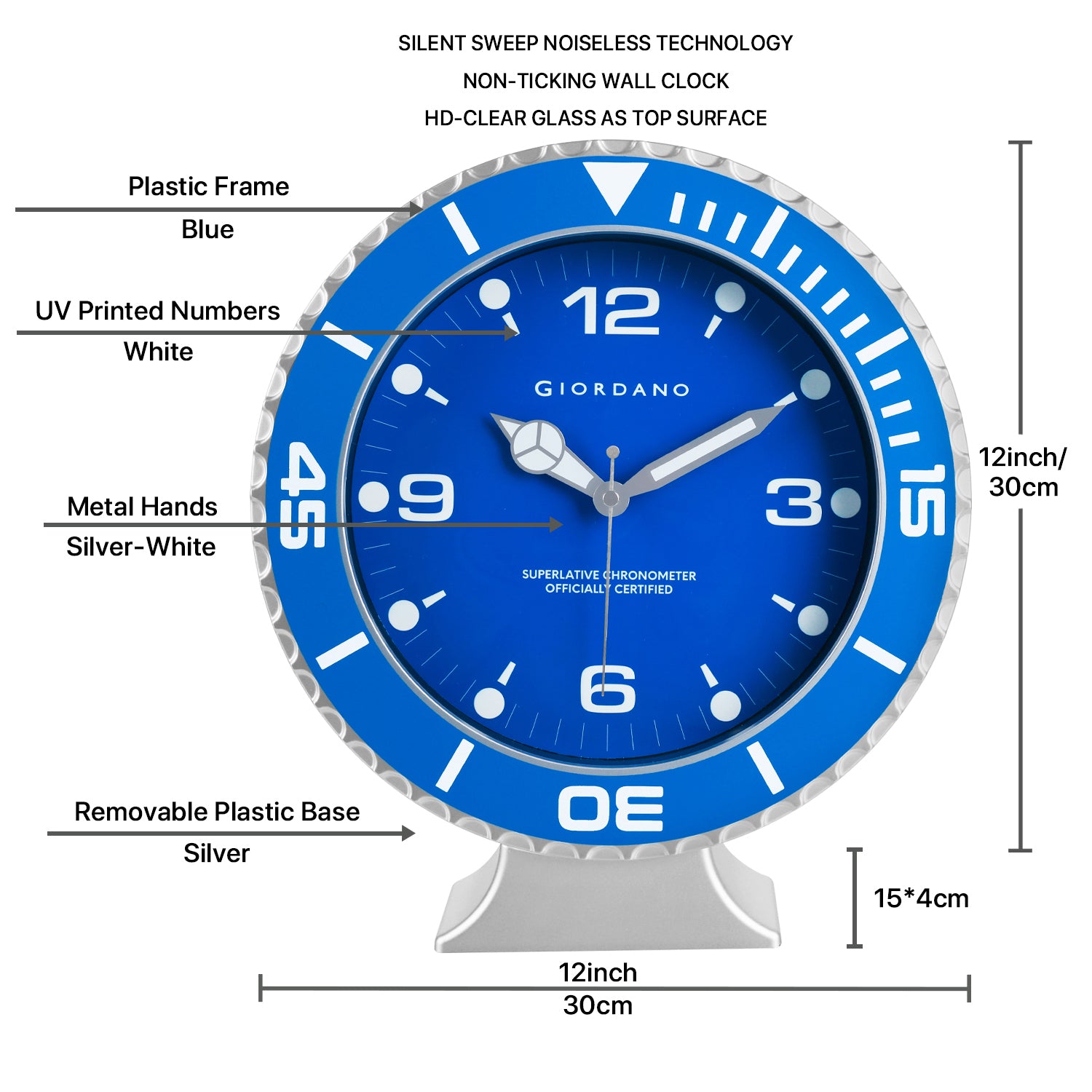 Giordano Wall Clock, Silent Sweep Non-Ticking Quartz Movement, Blue Dial, Blue Diver Style Bezel, Plastic Frame - GDCLTM2026BLU