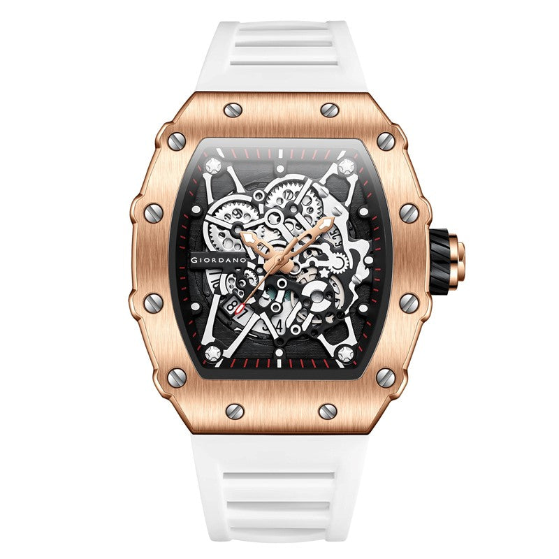 Giordano Analog Watch for Men - Skeleton-Style Dial | Brushed Steel Case with Silicone Strap | GZ-50127-04