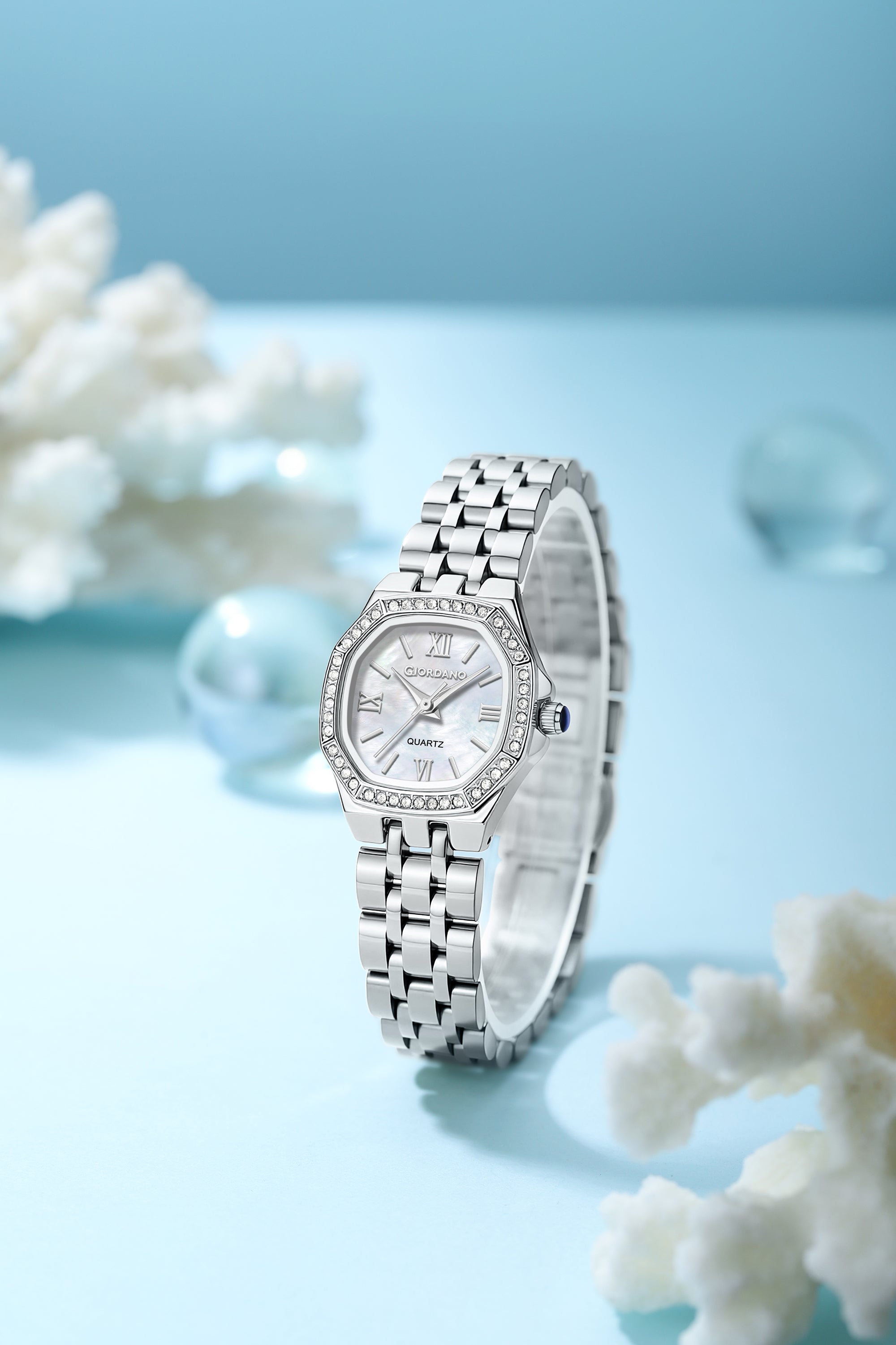 Giordano Analog Watch for Women with Silver Dial, Crystal Studded Bezel, Roman Indices & Stainless Steel Strap GZ-60162-22