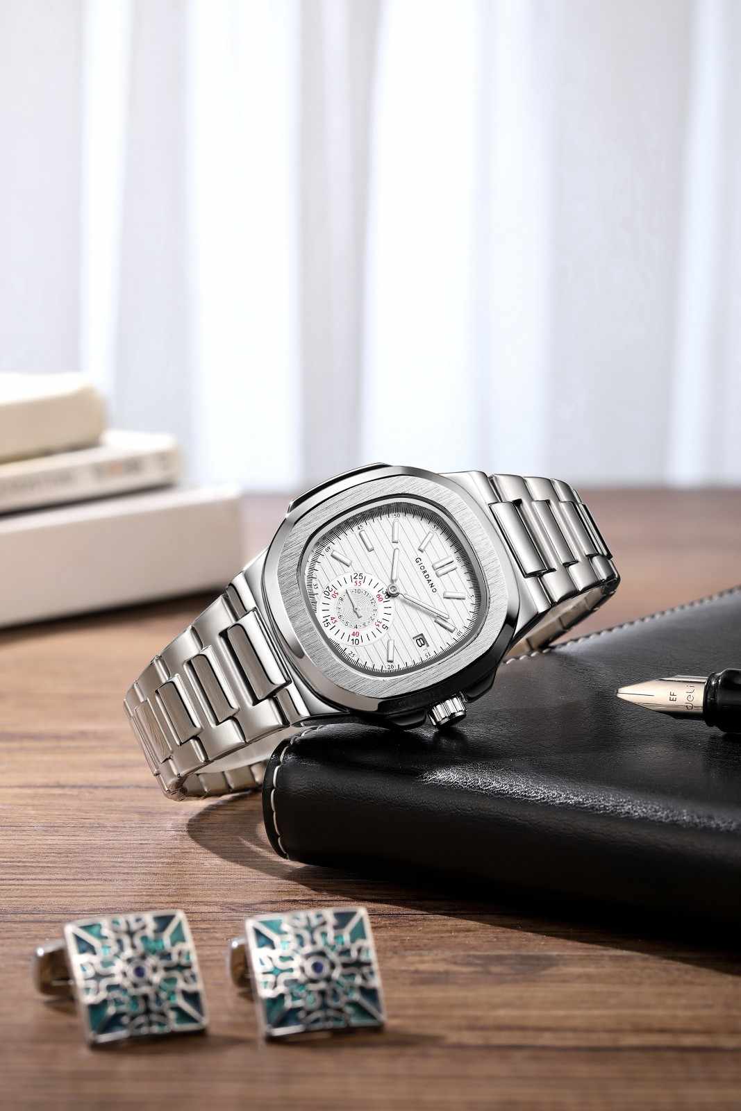 Giordano Analog Multifunction Watch for Men – Textured Dial with Cushion Case, Small Seconds Sub-Dial, Stainless Steel Strap & Date Display GZ-50160-22