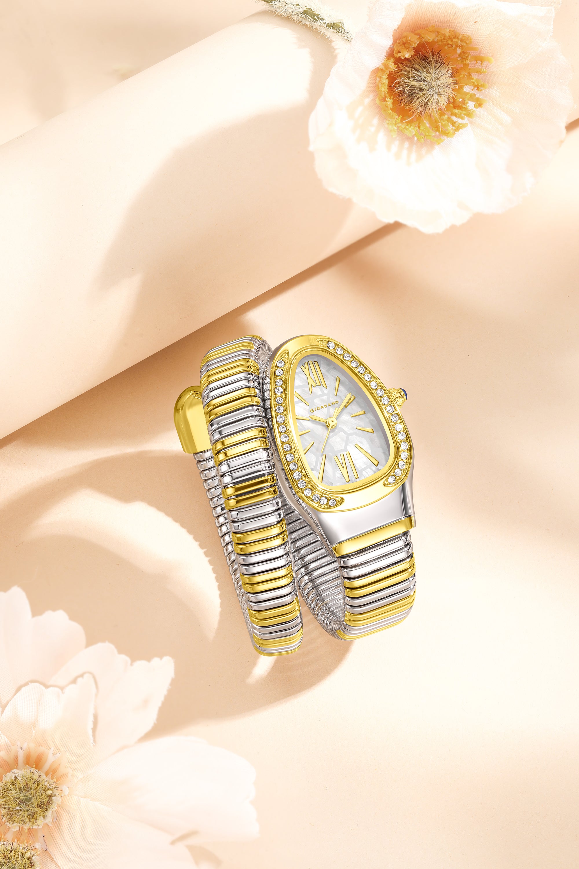 Giordano Serpentine Collection Analog Quartz Watch for Women with White Geometric-Textured Dial, Crystal-Studded Bezel, Roman Numerals & Snake-Style Wrap-Around Stainless Steel Strap - GZ-60189-55