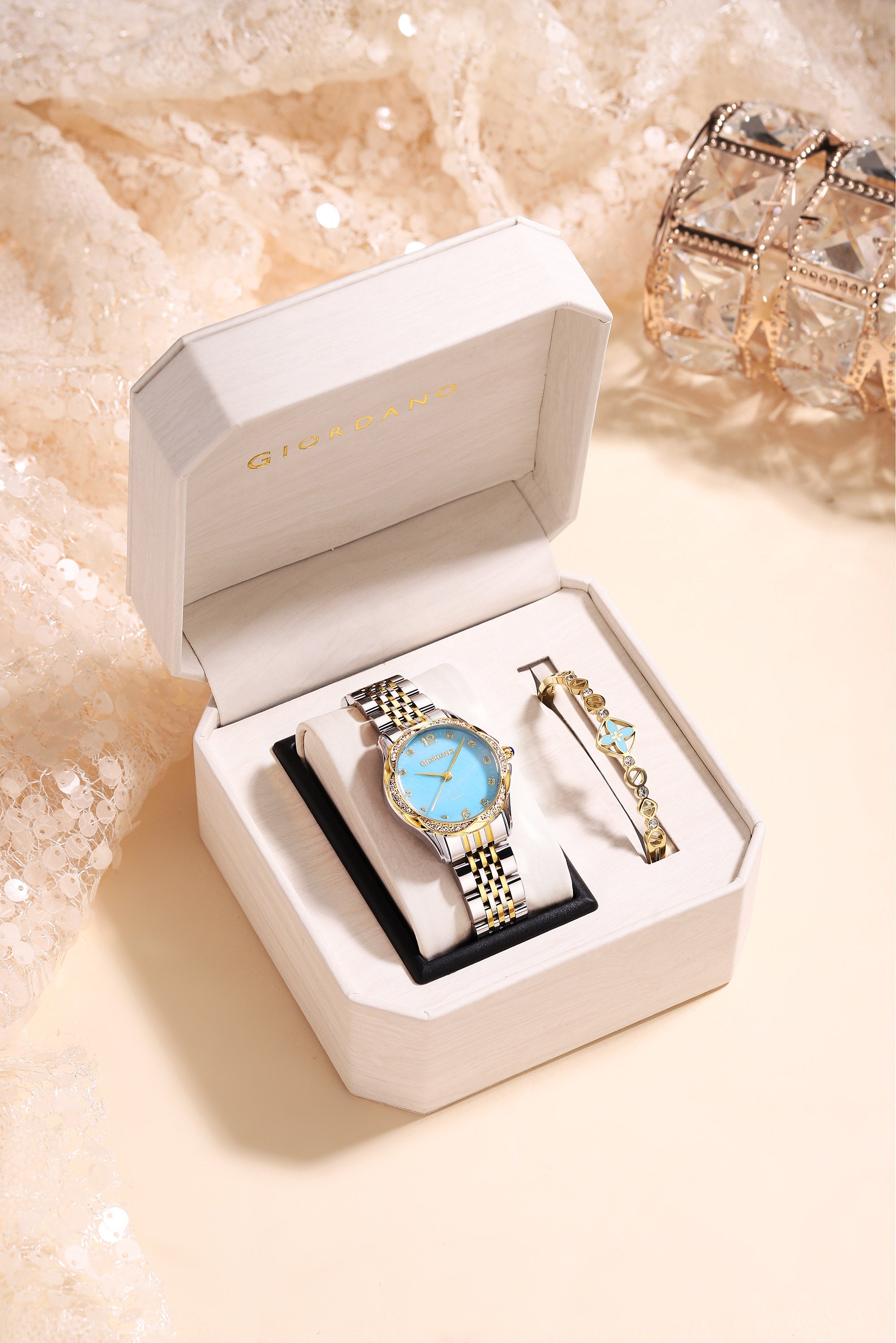 Giordano Analog Quartz Watch for Women with Textured Round Blue Dial, Flower shape case, Blue Crown, Crystal studded hour markers and bezel, Silver and Gold Stainless Steel Strap - GZ-60157-44