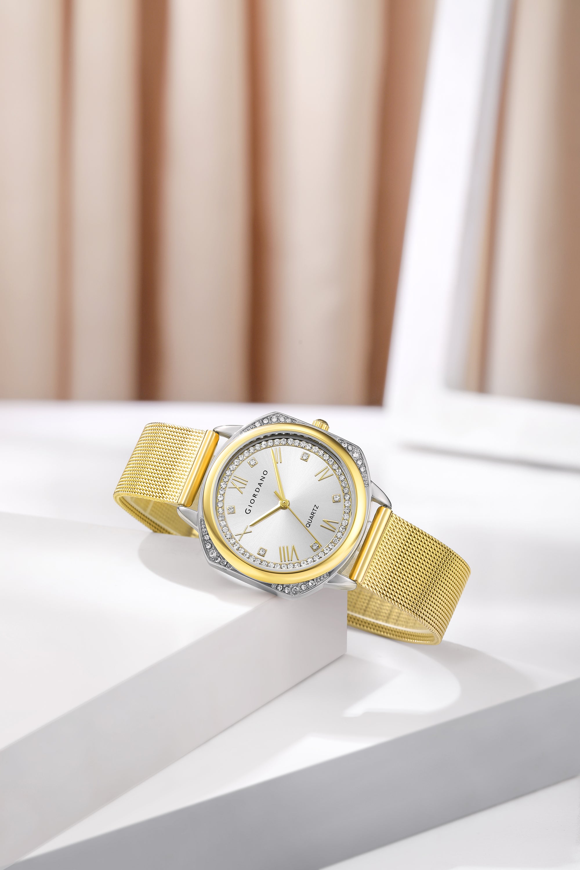 Giordano Gold Analog Quartz Watch Gift Set for Women – 3 Piece Combo with Mesh Strap, Roman Numeral Crystal Studded Dial, Round Pearl Pendant Necklace & Bangle Bracelet - GZ-60183-33
