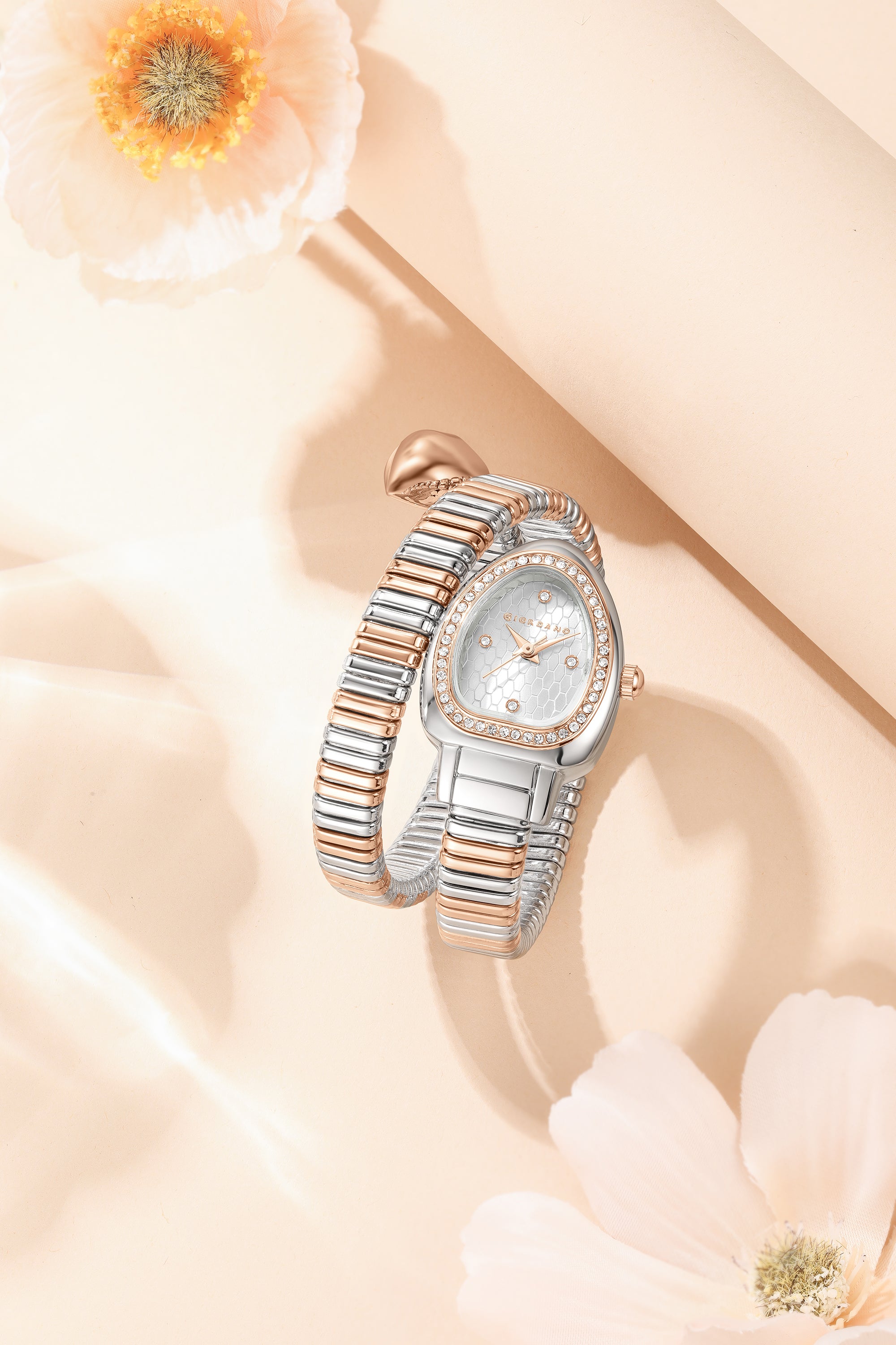 Giordano Serpentine Collection Analog Quartz Watch for Women with Silver Honeycomb-Textured Dial, Crystal Bezel & Markers, Snake-Style Wrap-Around Two-Tone Stainless Steel Strap - GZ-60188-11