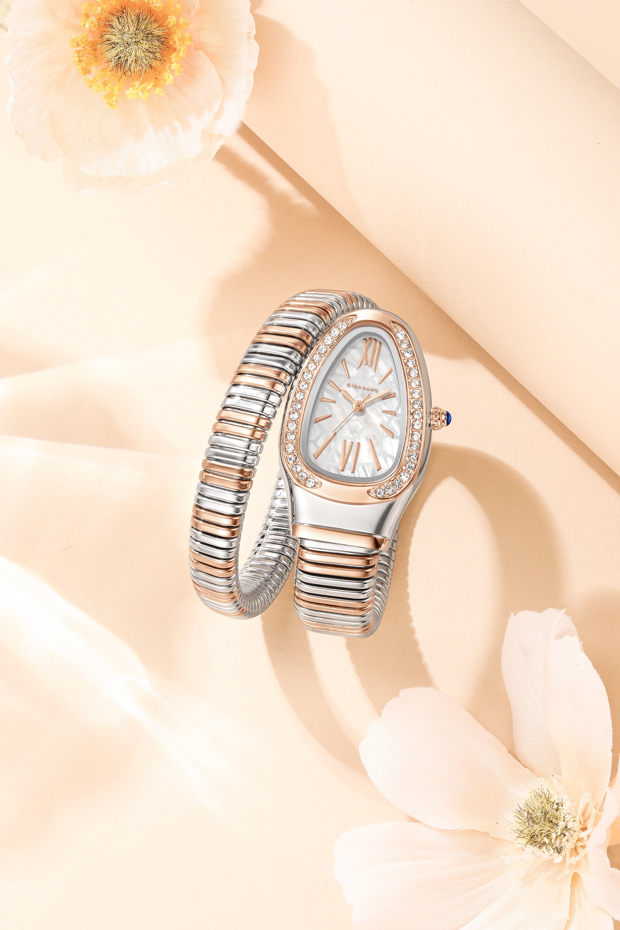 Giordano Serpentine Collection Analog Quartz Watch for Women with White Geometric-Textured Dial, Crystal-Studded Bezel, Roman Numerals & Snake-Style Wrap-Around Stainless Steel Strap - GZ-60189-44
