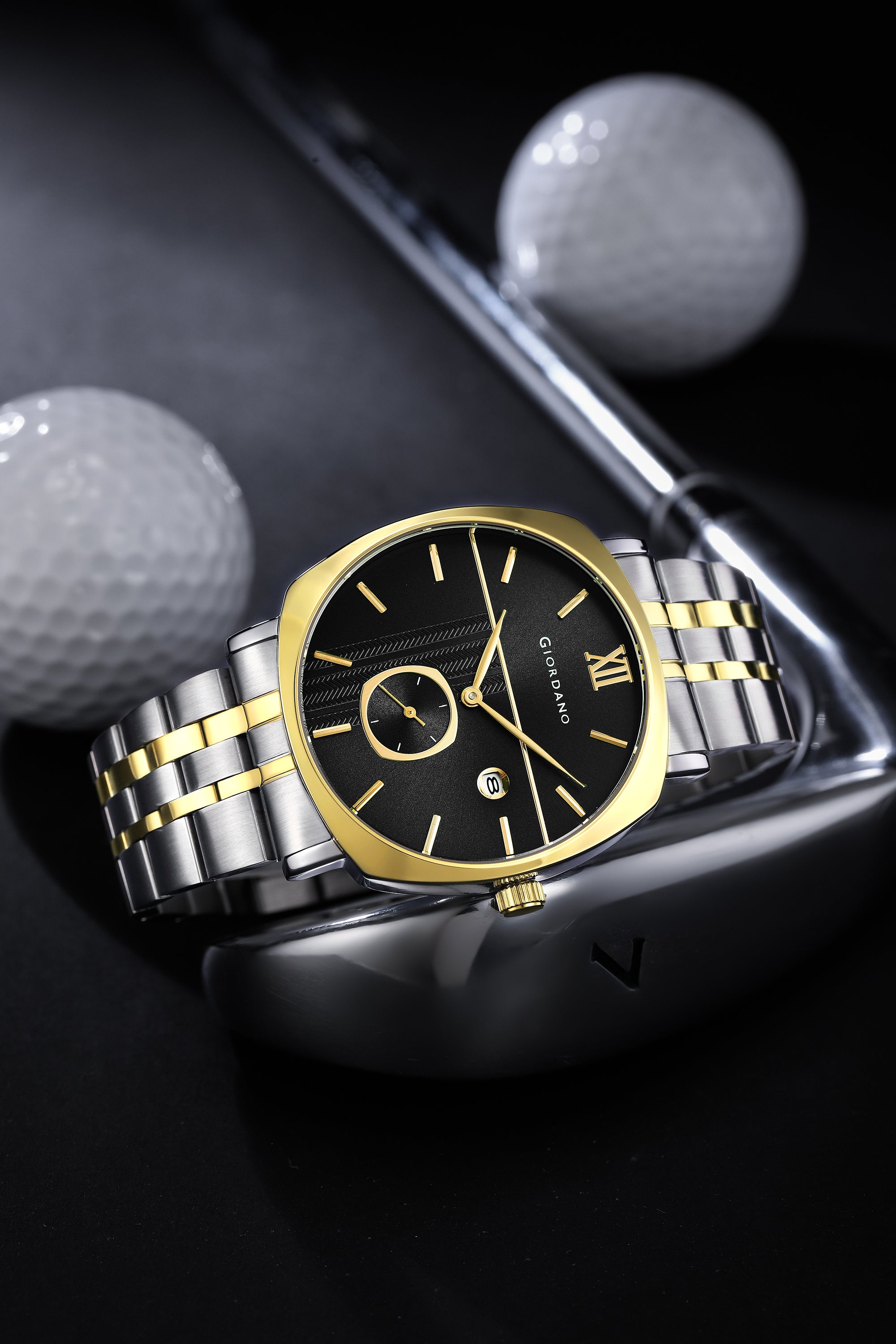 Giordano Analog Quartz Watch for Men with Black Sunray Patterned Dial, Roman XII & Baton Hour Markers, Small Seconds Sub-Dial, Date Display and Two-Tone Gold & Silver Stainless Steel Strap GZ-50192-66