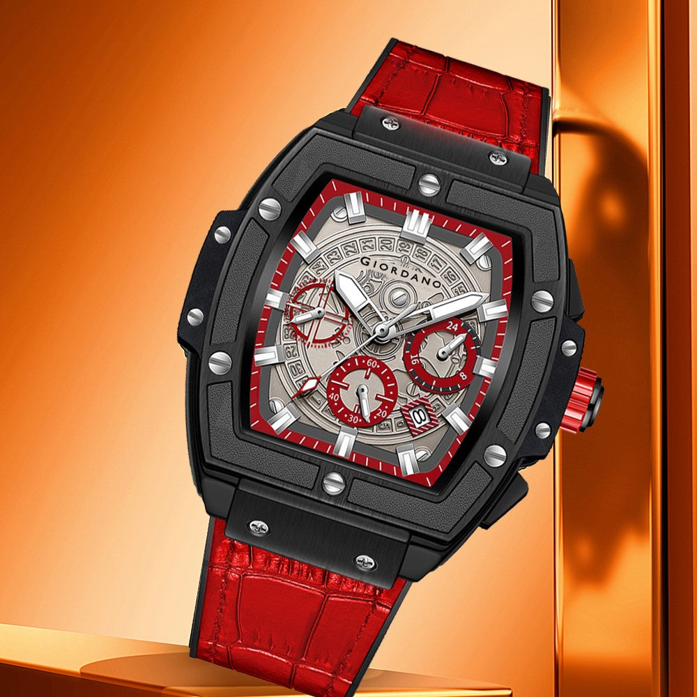 Giordano Terminator Red Leather Multifunction Watch for men - with Day, Date, and 24-Hour Sub-Dials | Water Resistant Square Dial Unique Design Wrist Watch for Man | GZ-50098-04