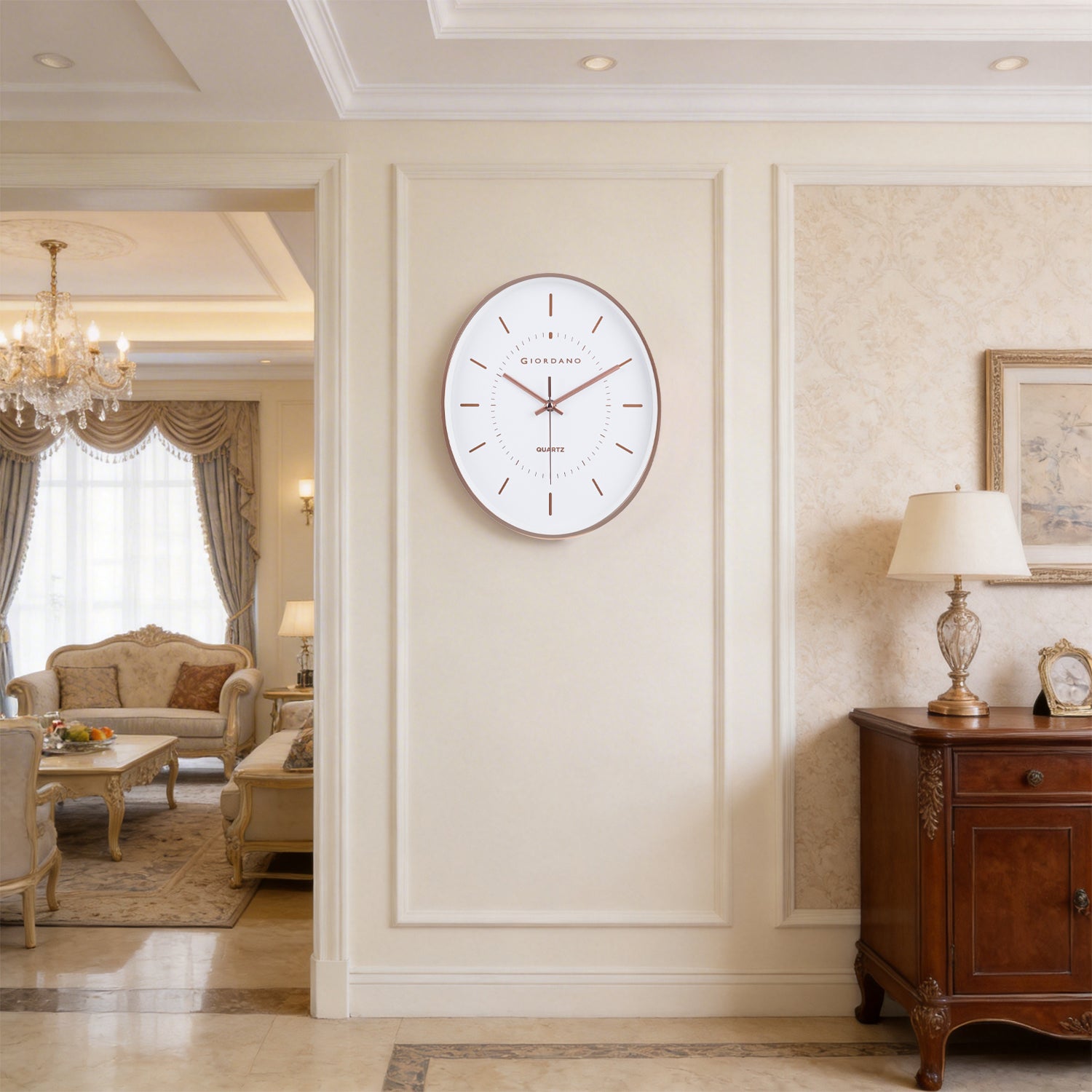 Giordano Wall Clock, Silent Sweep Non-Ticking Quartz Movement, White Dial, Rose Gold Oval Plastic Frame, Metal Hand - GDCLTY1001RGWHT