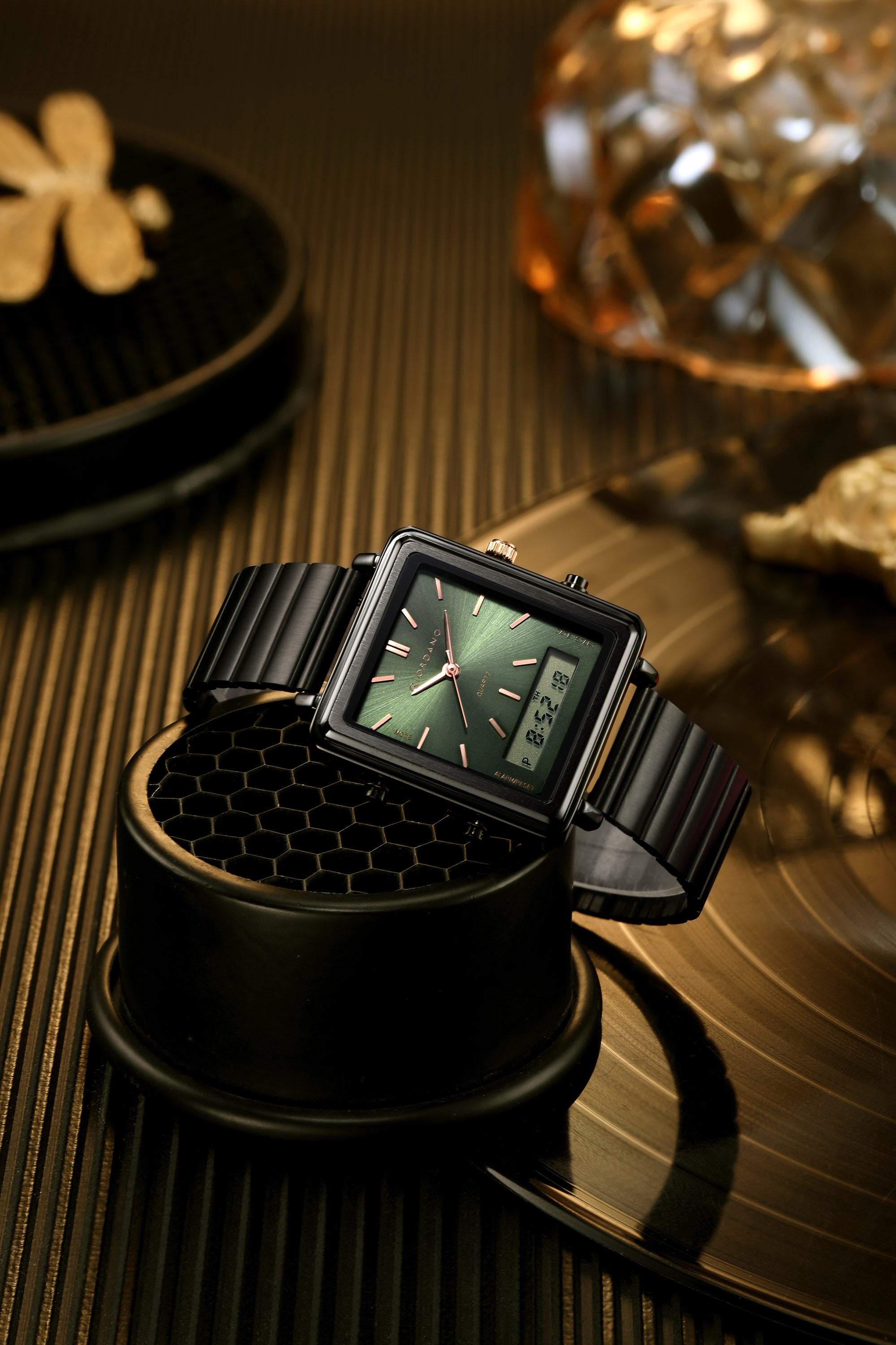 Giordano Analog Digital Watch for Men with Square Green Dial, Dual Time Display, Black Stainless Steel Strap - GZ-50210-55