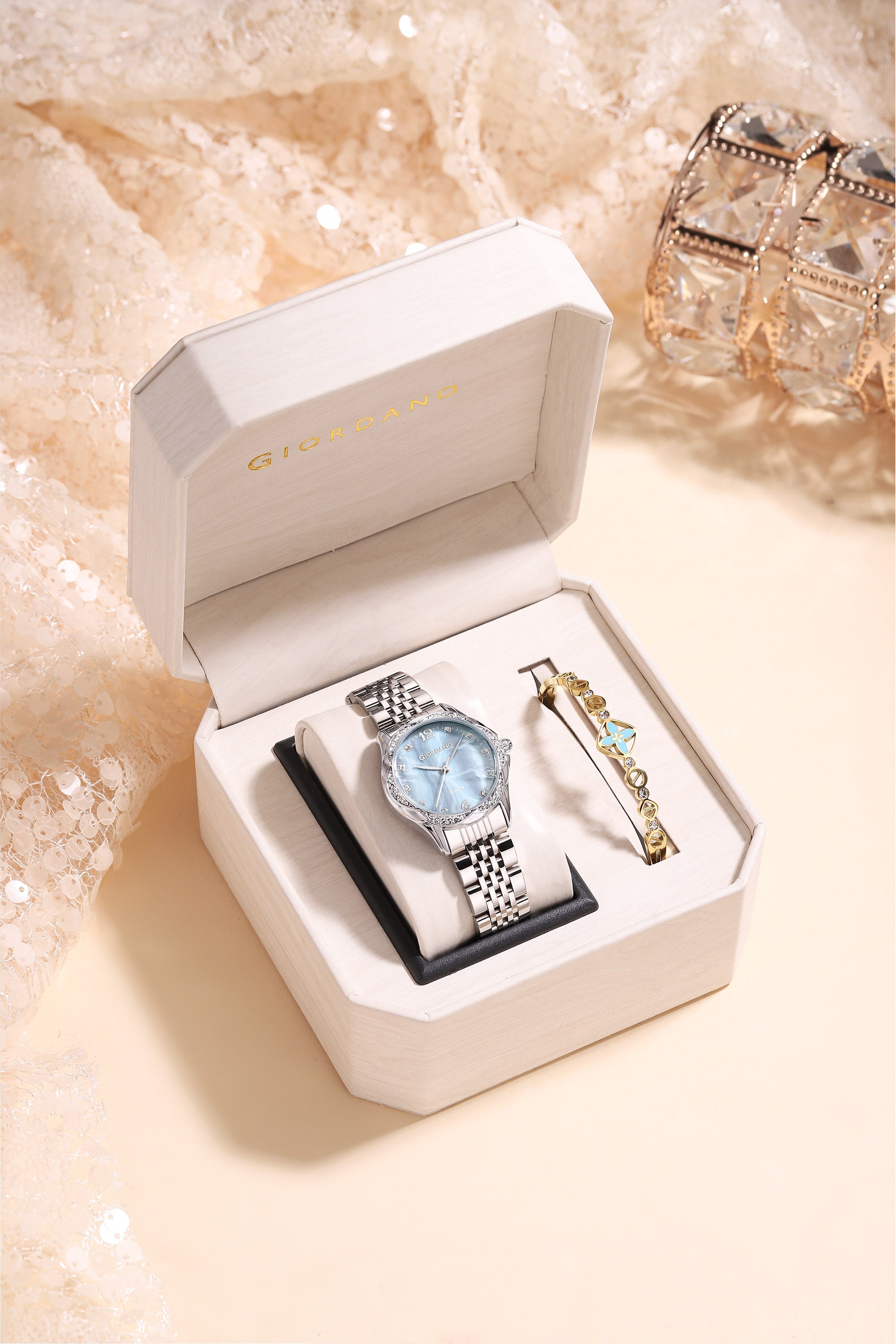 Giordano Analog Quartz Watch for Women with Textured Round Brown Dial, Flower shape case, Blue Crown, Crystal studded hour markers and bezel, Silver Stainless Steel Strap - GZ-60157-22