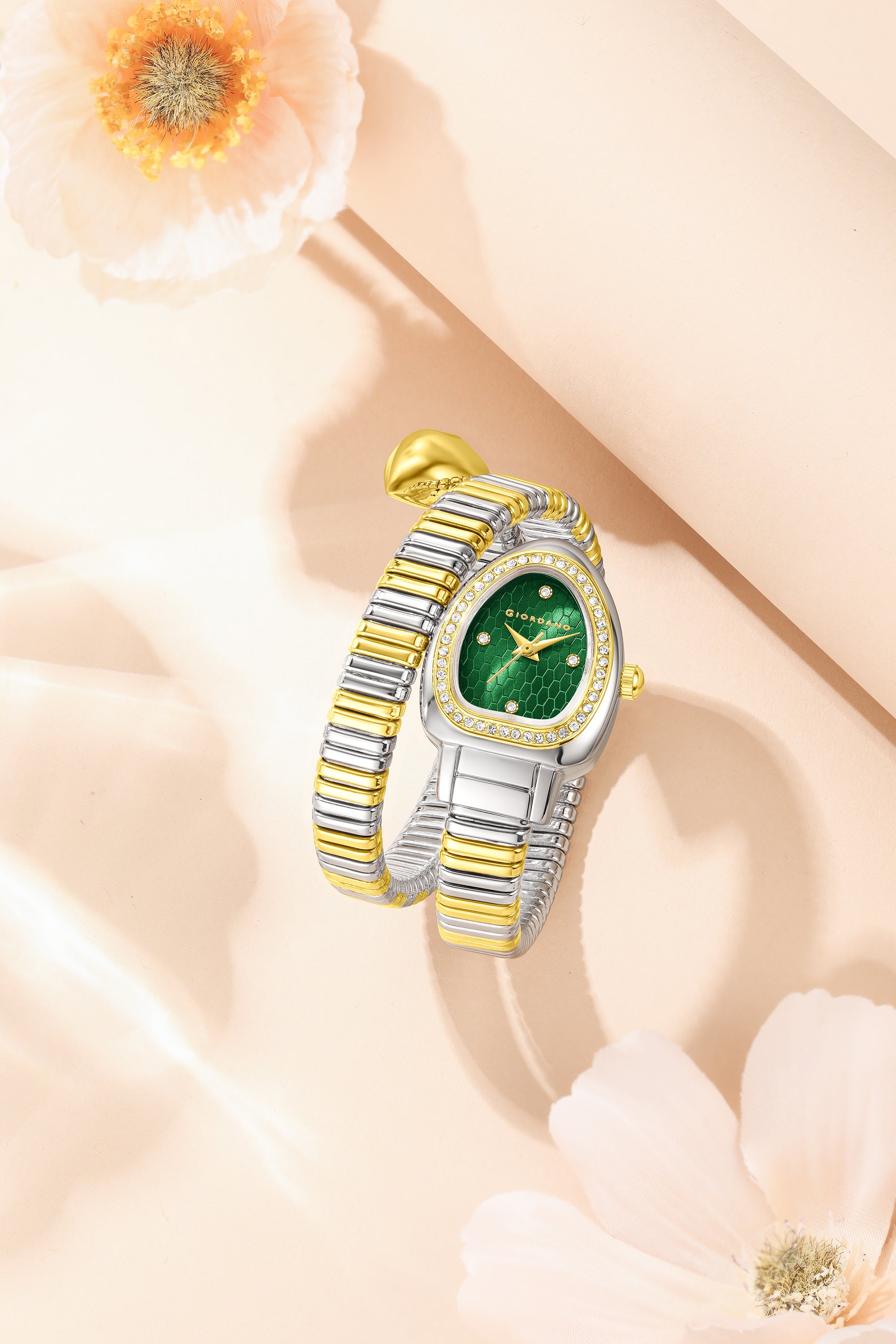 Giordano Serpentine Collection Analog Quartz Watch for Women with Green Honeycomb-Textured Dial, Crystal Bezel & Markers, Snake-Style Wrap-Around Two-Tone Stainless Steel Strap - GZ-60188-33