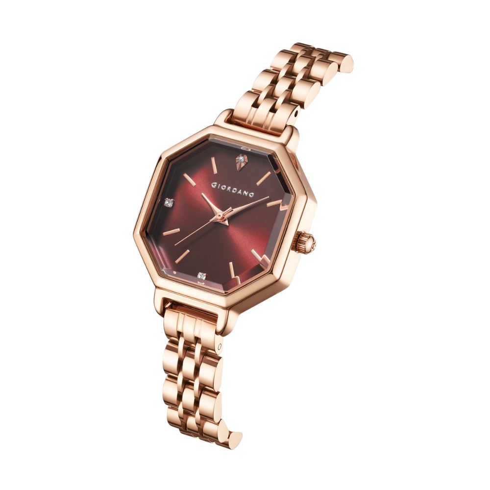 Giordano Analog Watch for Women – Classic octagonal gloss finish Dial with rose gold stainless steel strap | GZ-60113-11