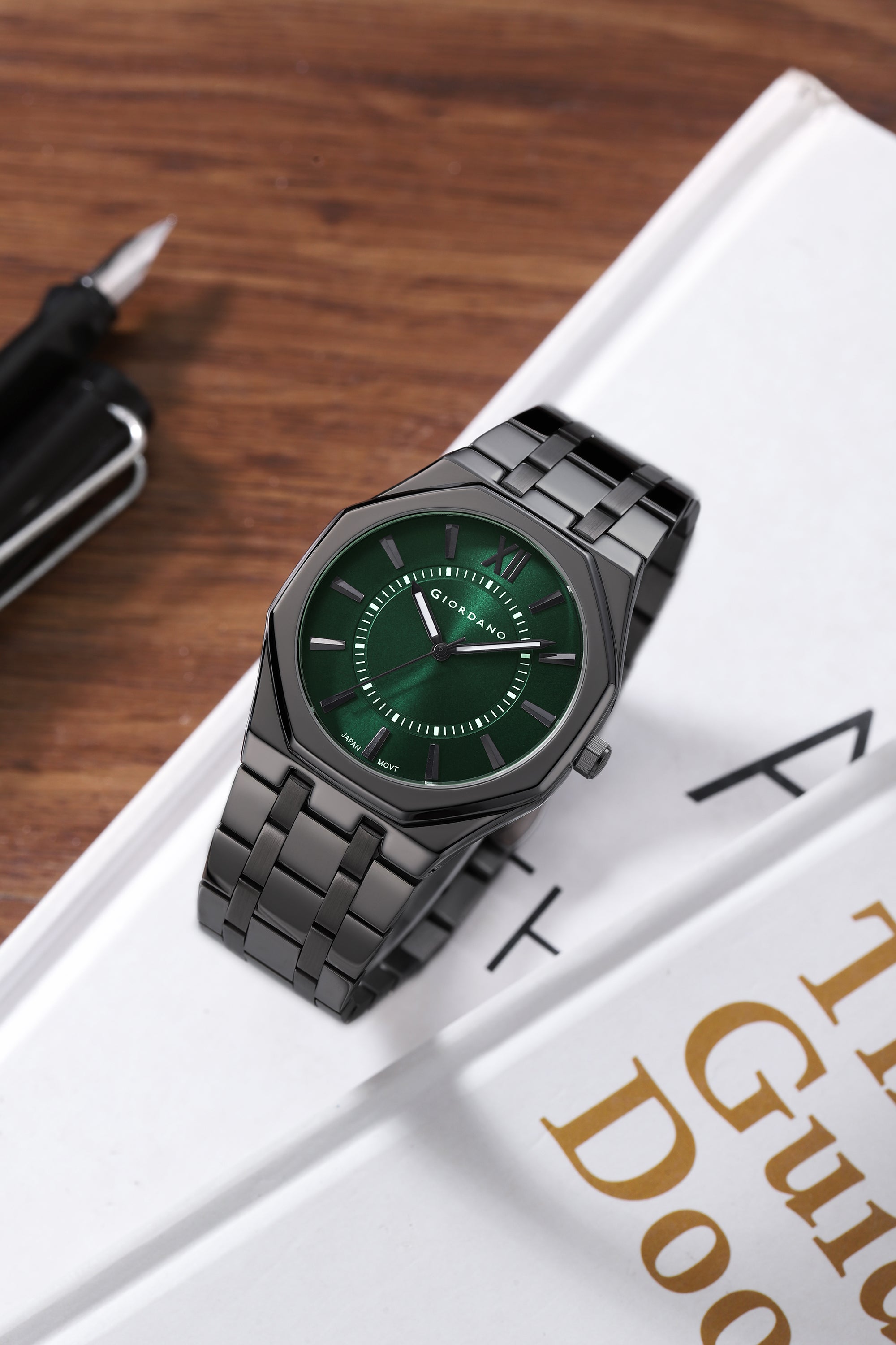 Giordano Analog Quartz Watch for Men with Green Sunray Round Dial, Roman XII & Luminous Hands Markers, Faceted Octagonal Bezel and Black Stainless Steel Strap - GZ-50191-44