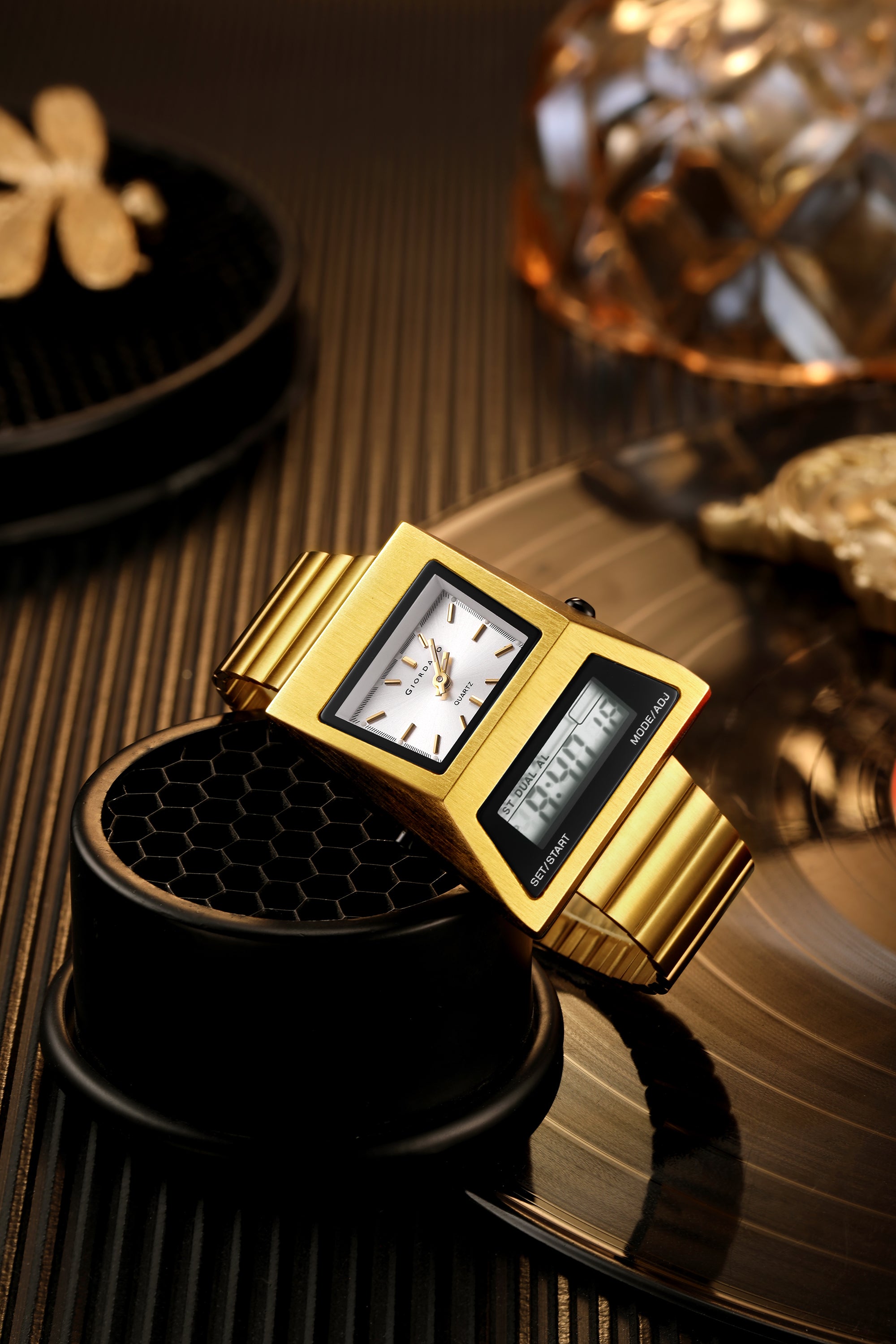 Giordano Analog Digital Watch for Men with Triangle Shape White Dial, Dual Time Display, Gold Stainless Steel Strap - GZ-50205-44