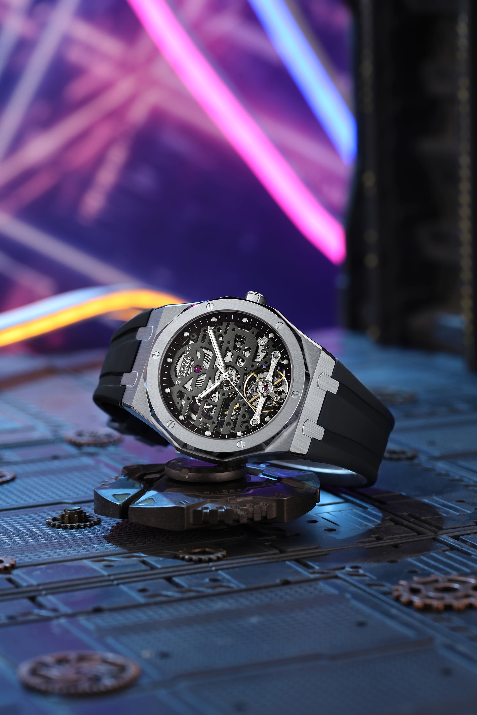 Giordano Automatic Watch for Men with Skeleton Round Black Dial, Luminous Hands and Markers, Black Silicone Strap - GZ-50224-02