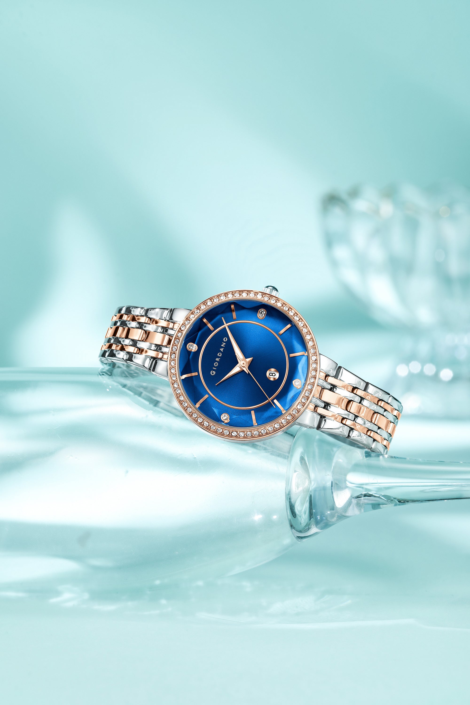 Giordano Analog Quartz Watch for Women with Blue Round Sunray Cut Glass Dial, Date Display, Crystal Hour Markers, Diamond-Studded Bezel and Two-Tone Silver & Rose Gold Stainless Steel Strap - GZ-60110-55