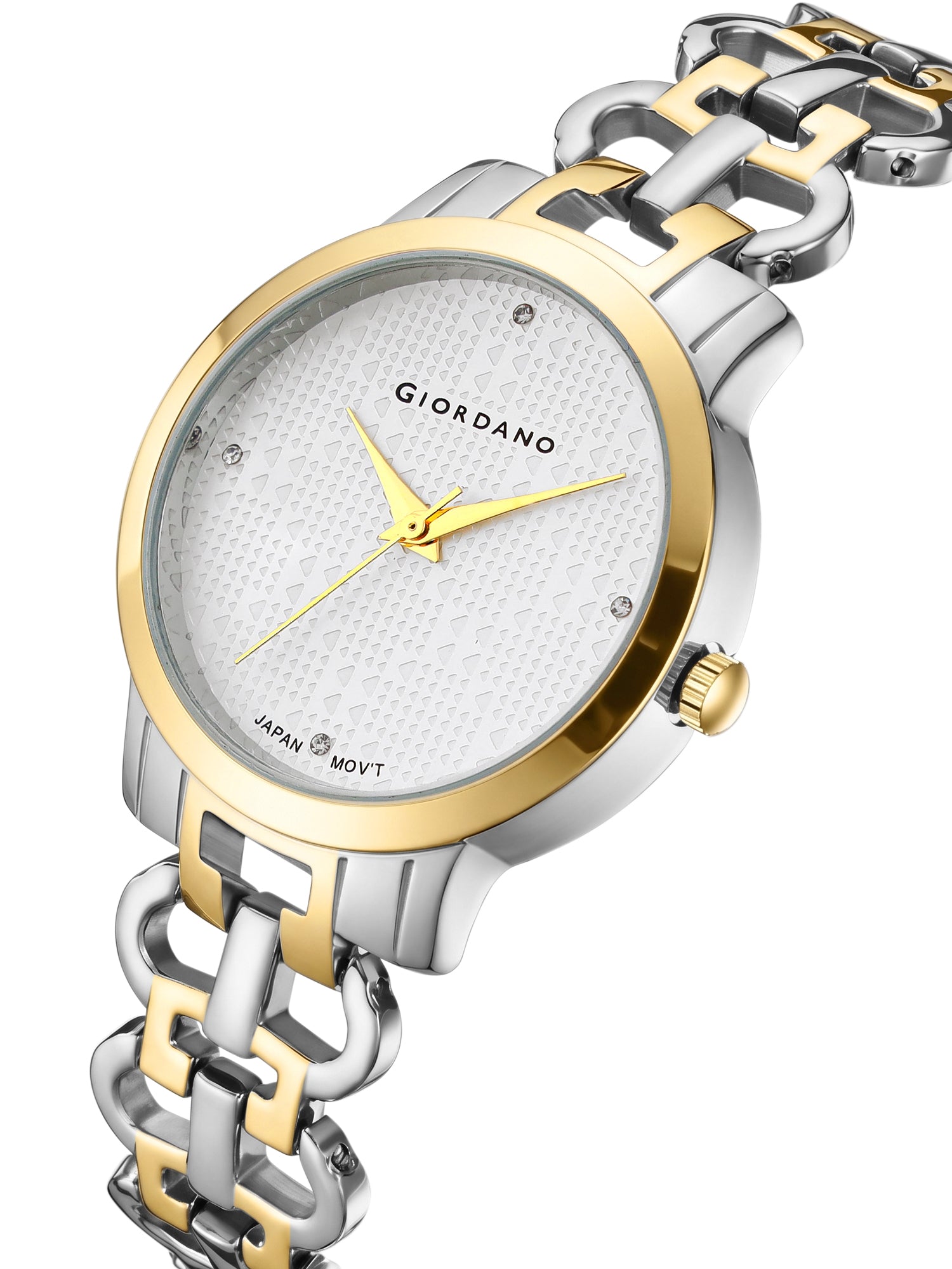 Giordano Analog Quartz Watch for Women with White Textured Round Dial, Crystal Hour Markers & Gold and Silver Two-Tone Stainless Steel Bracelet Strap - C2204-77