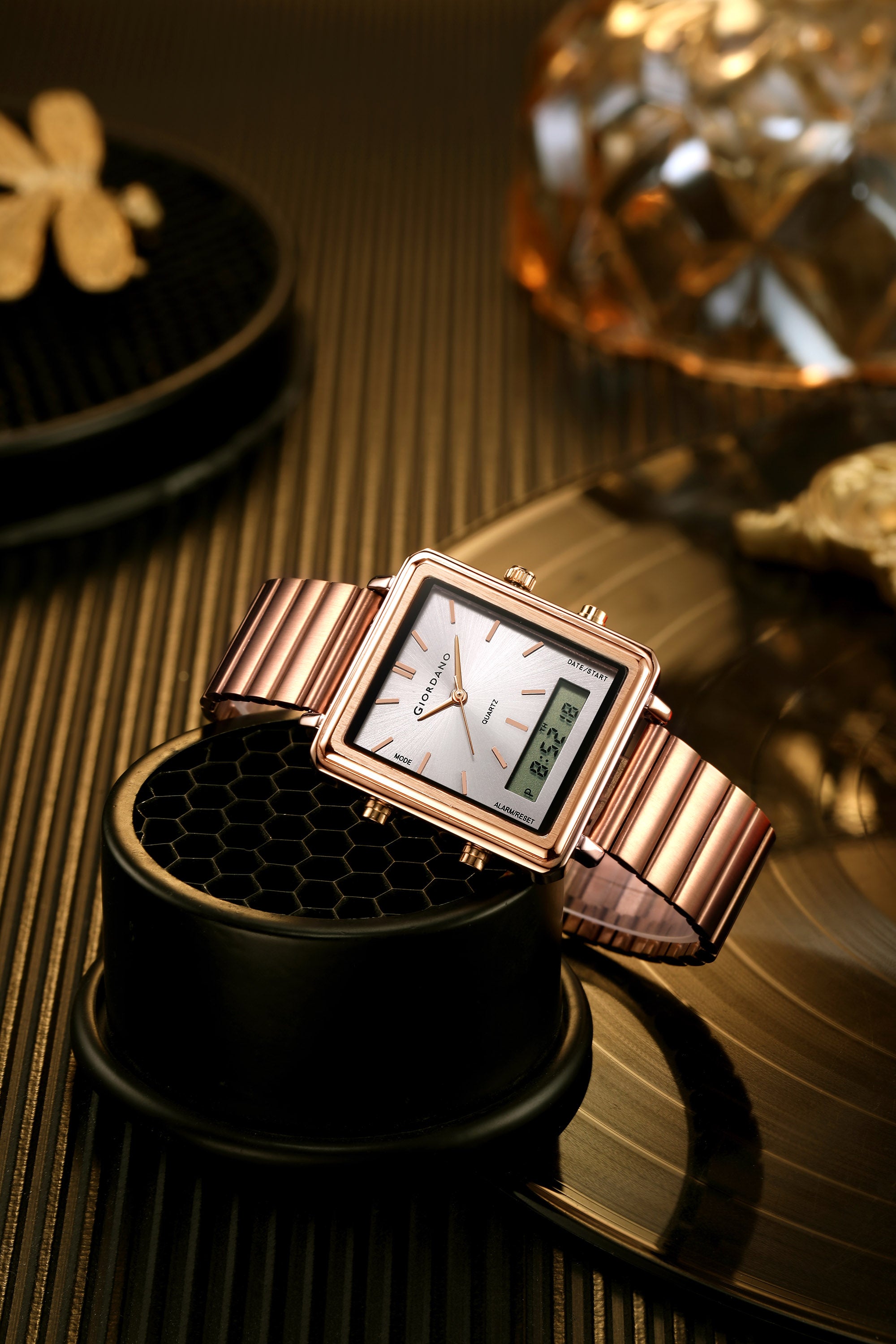 Giordano Analog Digital Watch for Men with Square White Dial, Dual Time Display, Rose Gold Stainless Steel Strap - GZ-50210-77