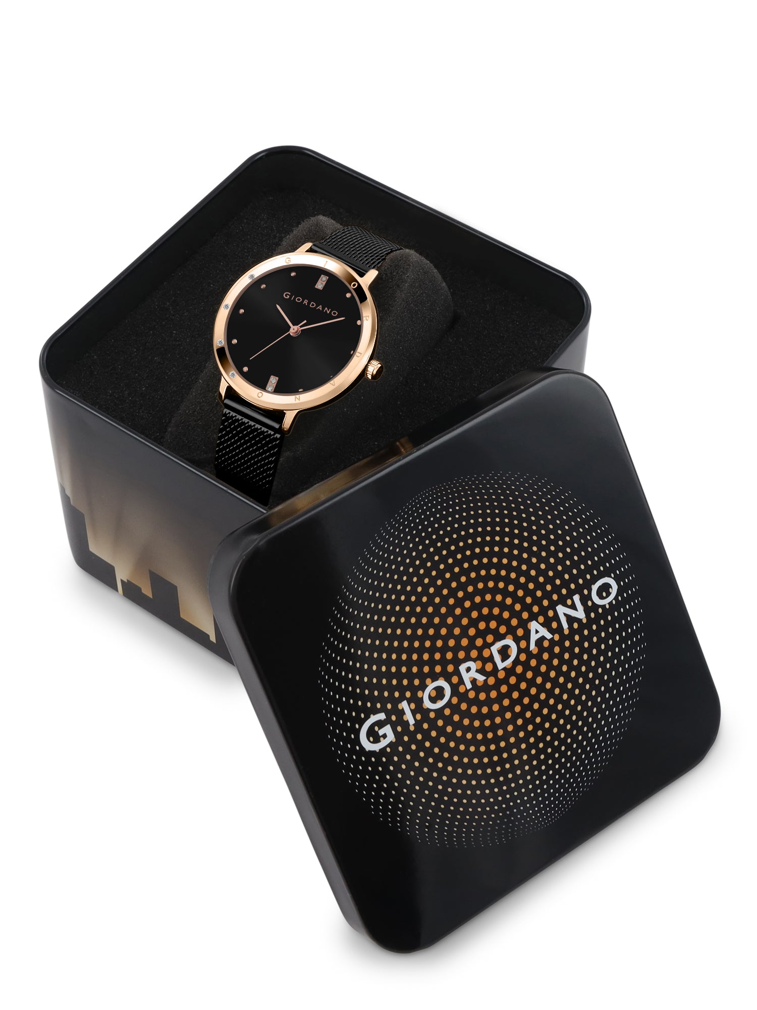 Giordano Analog Watch for Women with Round Black Sunray Dial, Crystal Studded Bezel, Quartz Movement and Black Stainless Steel Mesh Strap A2085-55
