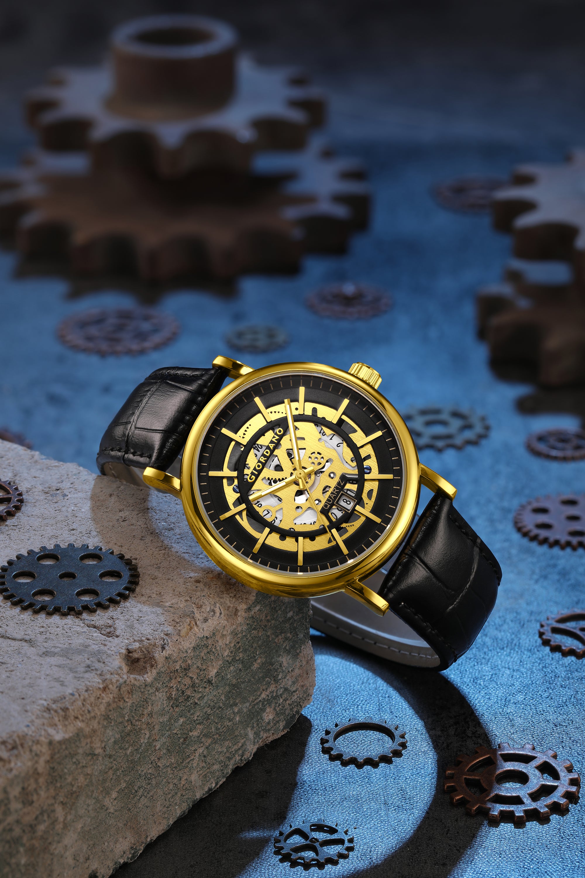 Giordano Analog Quartz Watch for Men with Skeleton Round Black Dial, Date Function, Luminous Hands and Markers, Black Leather Strap - GZ-50182-02