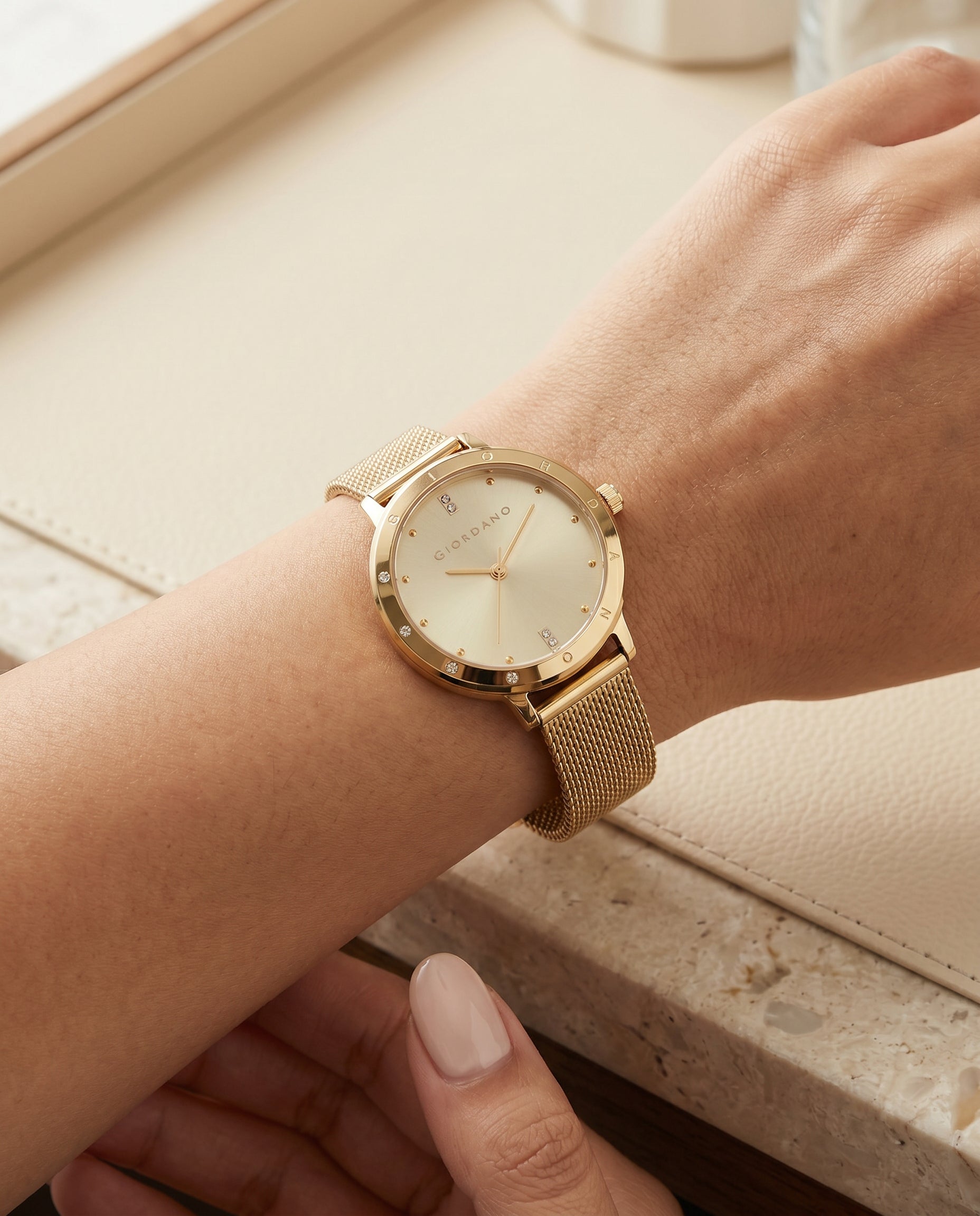 Giordano Analog Watch for Women with Round Gold Sunray Dial, Crystal Studded Bezel, Quartz Movement and Gold Stainless Steel Mesh Strap A2085-44