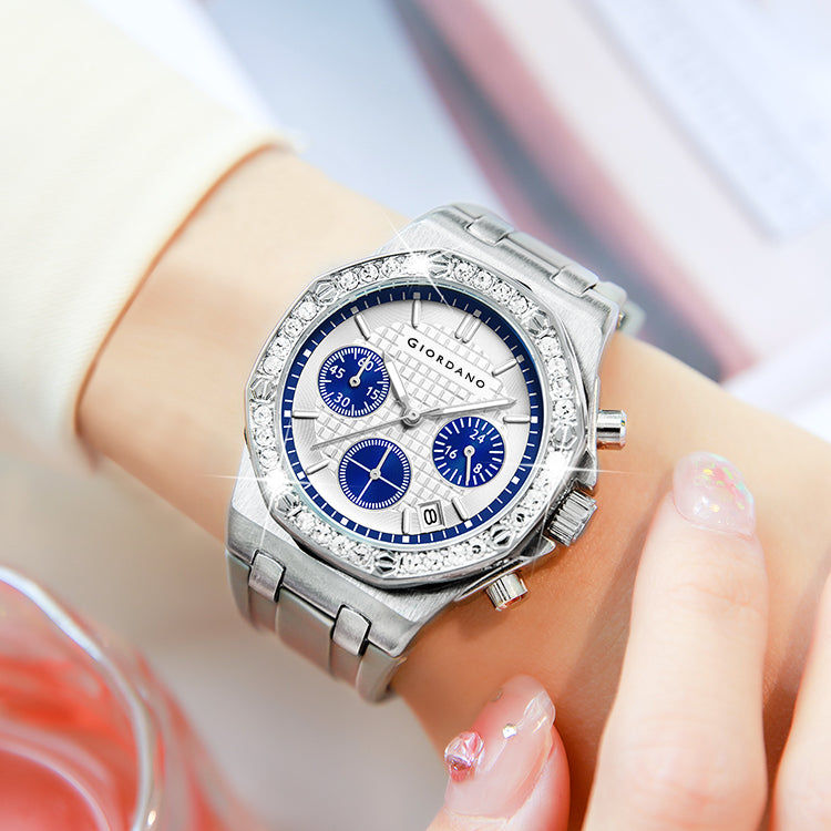 Giordano Chronograph Watch for Women | Stainless Steel Case, Crystal bezel | Modern & Stylish Timepiece with Comfortable Silicone Strap | GZ-50154-11