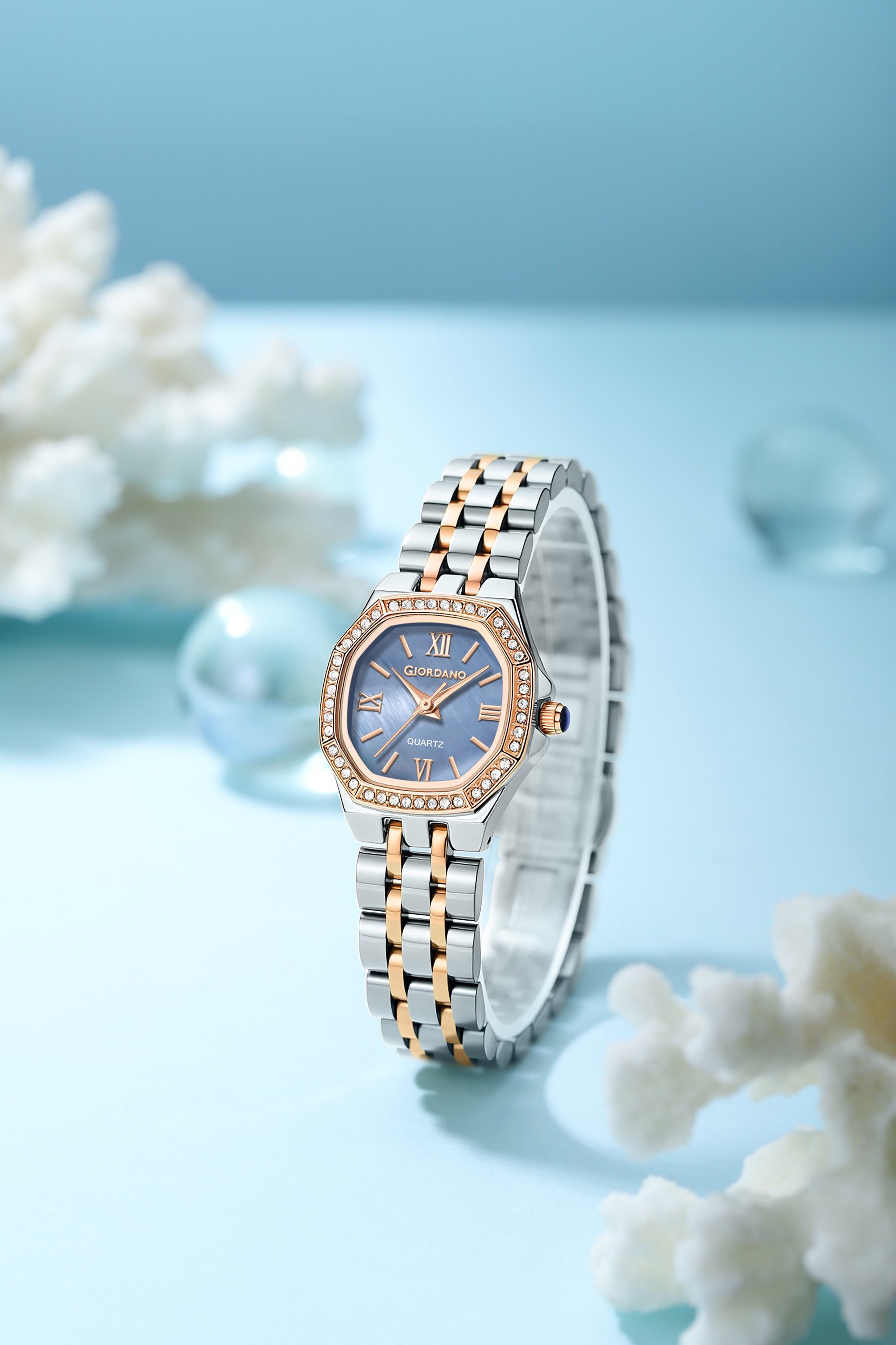 Giordano Analog Quartz Watch for Women with Round Blue Dial, Crystal Studded Bezel, Roman Markers and Stainless Steel Strap - GZ-60162-55