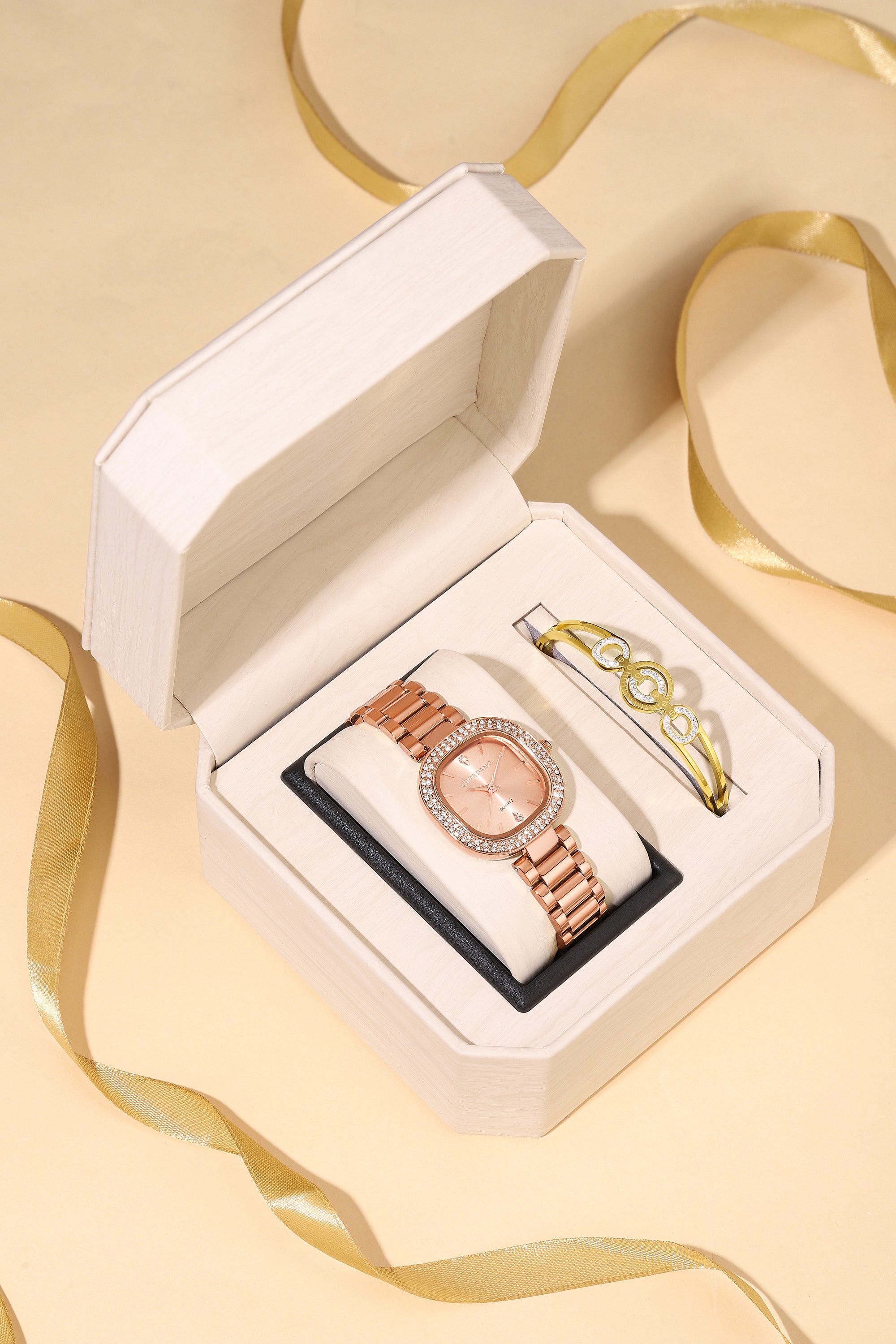 Giordano Analog Quartz Watch for Women with Bangle Square Rose Gold Dial, Blue Crown, Crystal Studded Hour Markers and Bezel, Rose Gold Stainless Steel Strap - GZ-60166-44