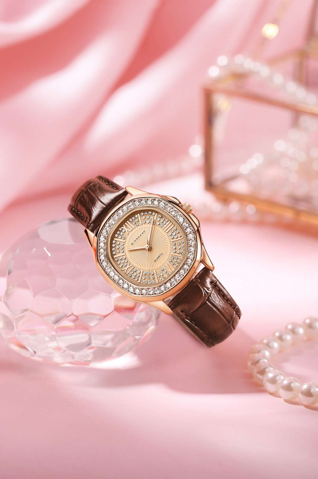 Giordano Luxury Analog Watch for Women with Crystal-Studded Bezel & Leather Strap – Octagonal Case, Elegant Quartz Wristwatch GZ-60141-22