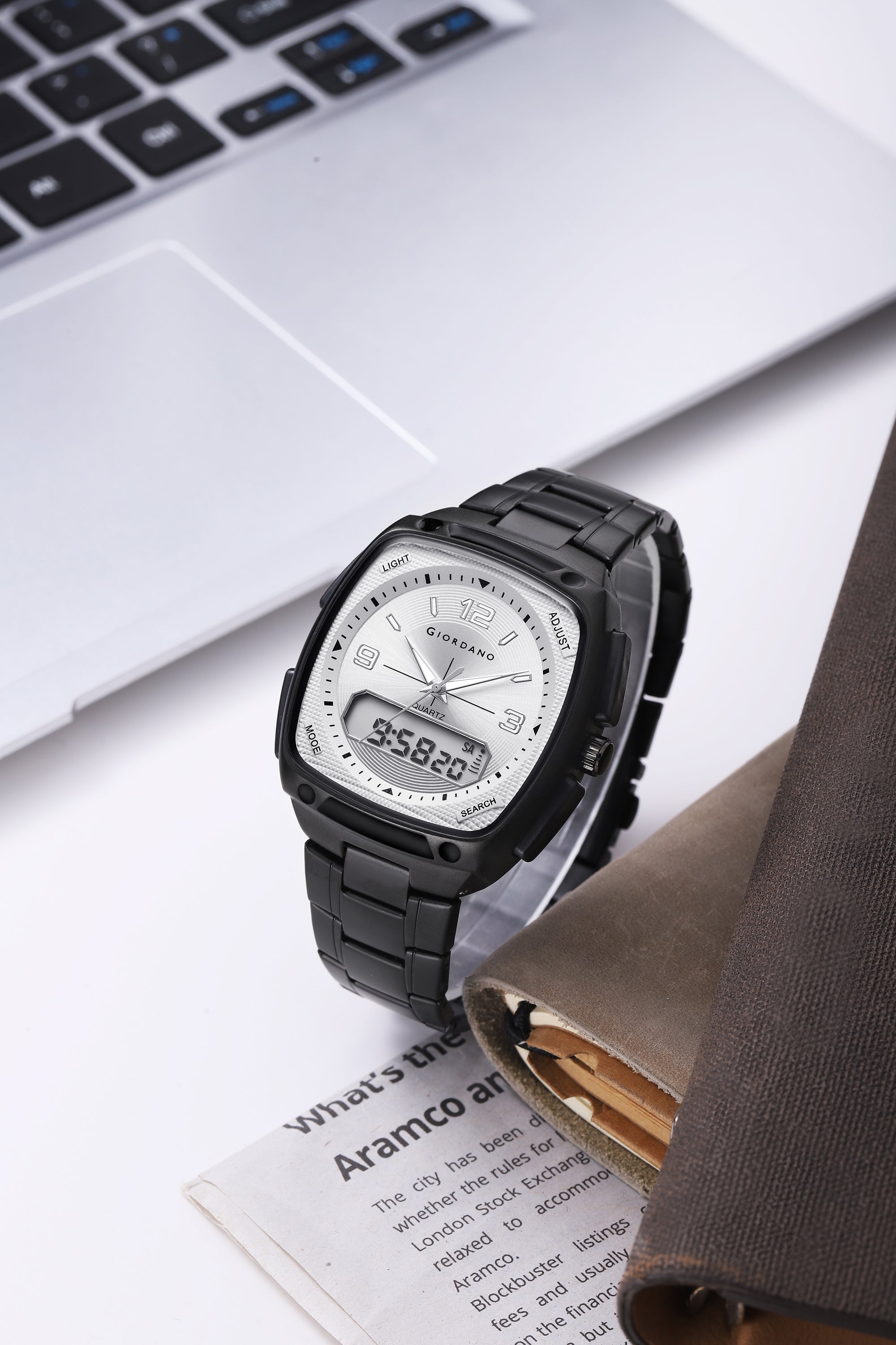 Giordano Analog Quartz Watch for Men with Texured Square White Dial, Date and Day Function, Luminous Hands and Hour Markers, Black Stainless Steel Strap - GZ-50223-55