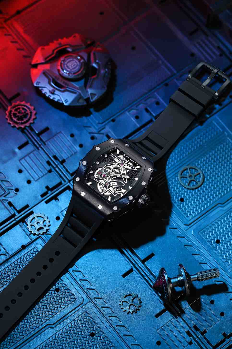 Giordano Analog Skeleton Dial Watch for Men – Tonneau Case, Silicone Strap, Open-Gear Sport Design, Quartz Movement - GZ-50188-11