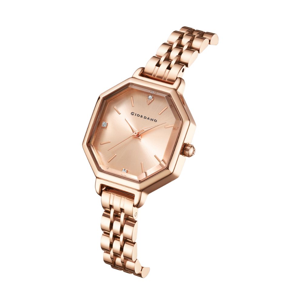 Giordano Analog Watch for Women – Classic octagonal gloss finish Dial with rose gold stainless steel strap | GZ-60113-22