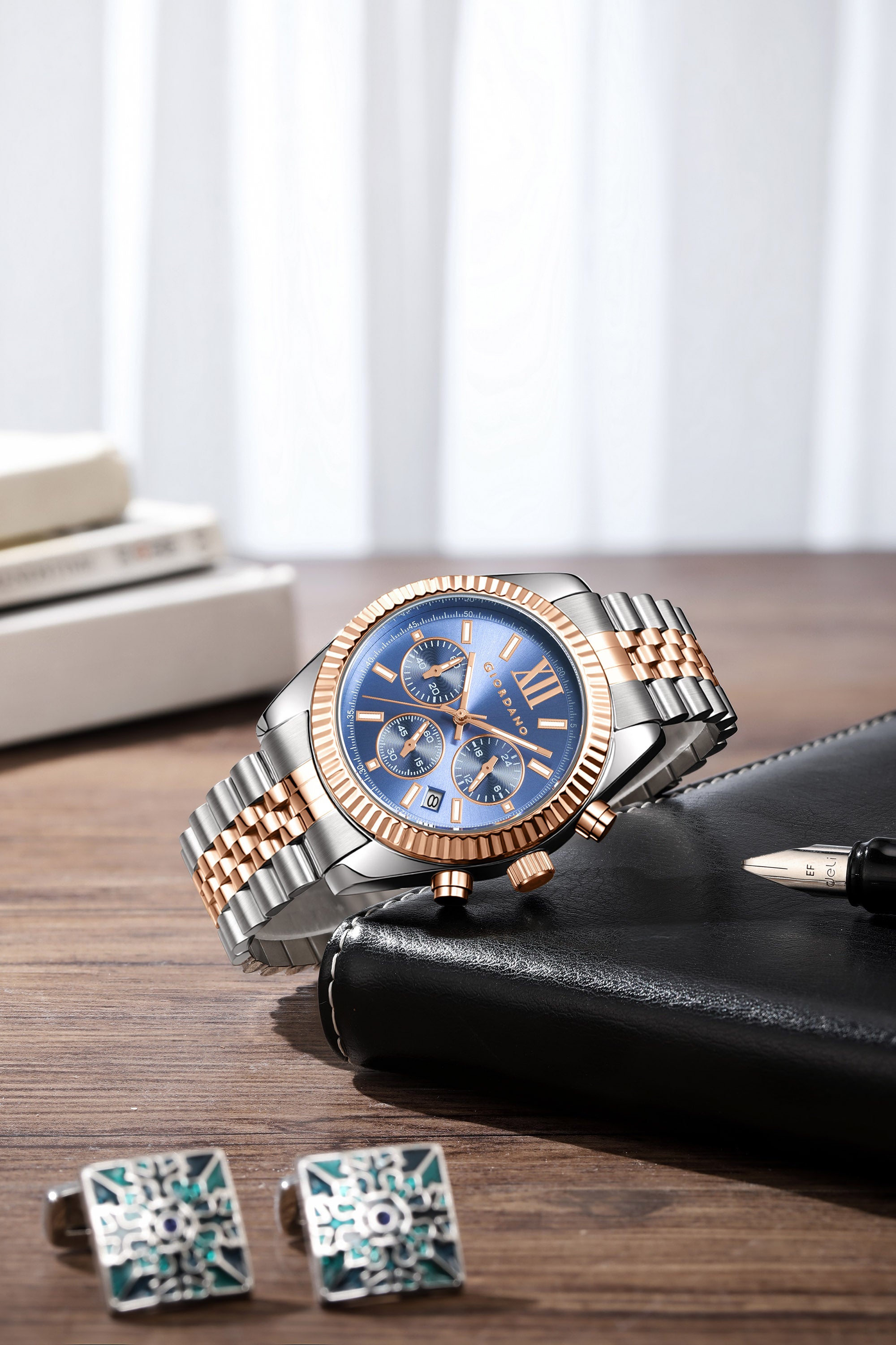 Giordano Chronograph Analog Quartz Watch for Men with Round Blue Dial, Roman indices, Date Function, Luminos hands and Markers, Silver and Rose Gold Stainless Steel Strap - GZ-50217-22
