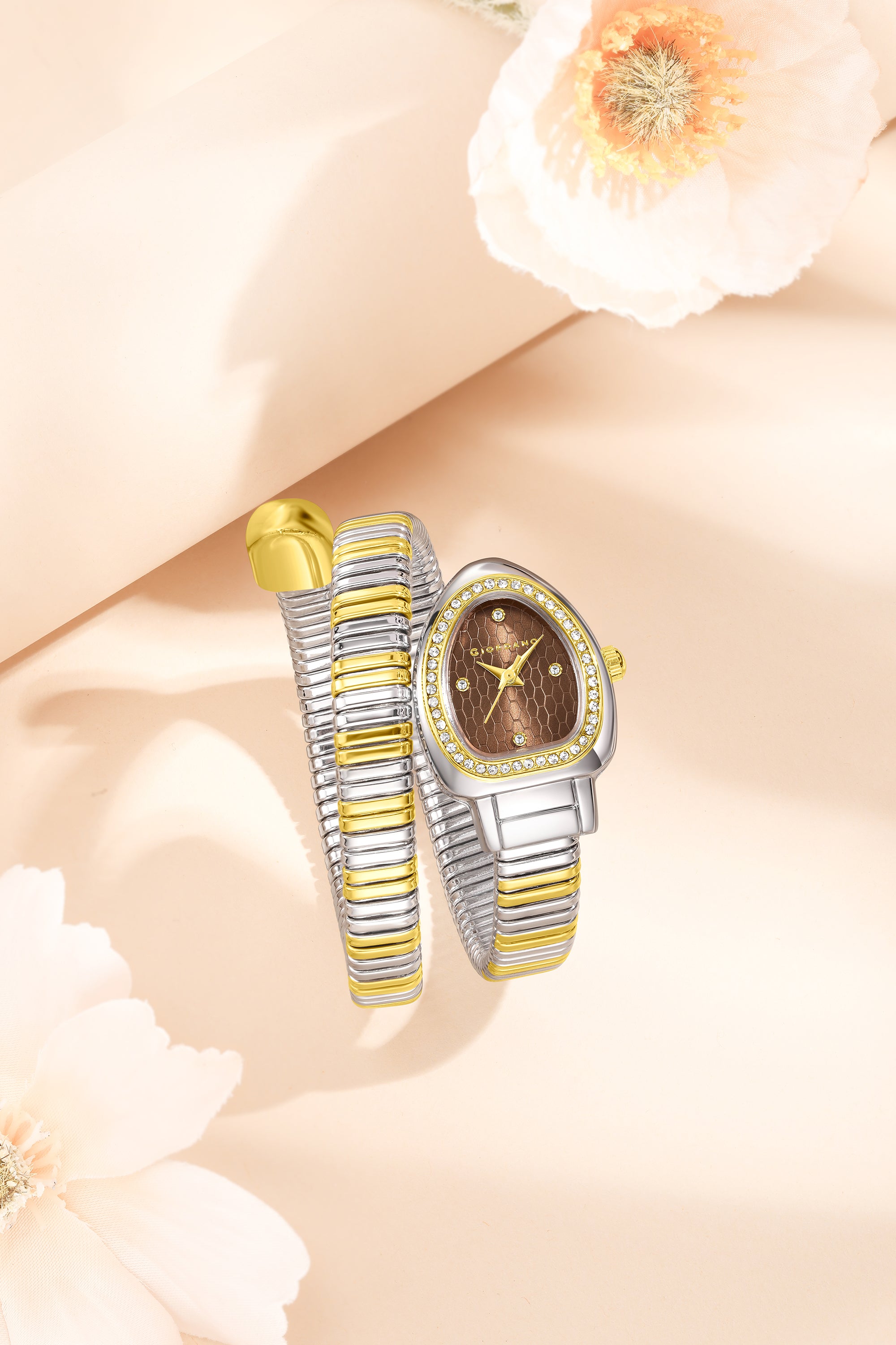 Giordano Serpentine Collection Analog Quartz Watch for Women with Brown Honeycomb-Textured Dial, Crystal Bezel & Markers, Snake-Style Wrap-Around Two-Tone Stainless Steel Strap - GZ-60188-55