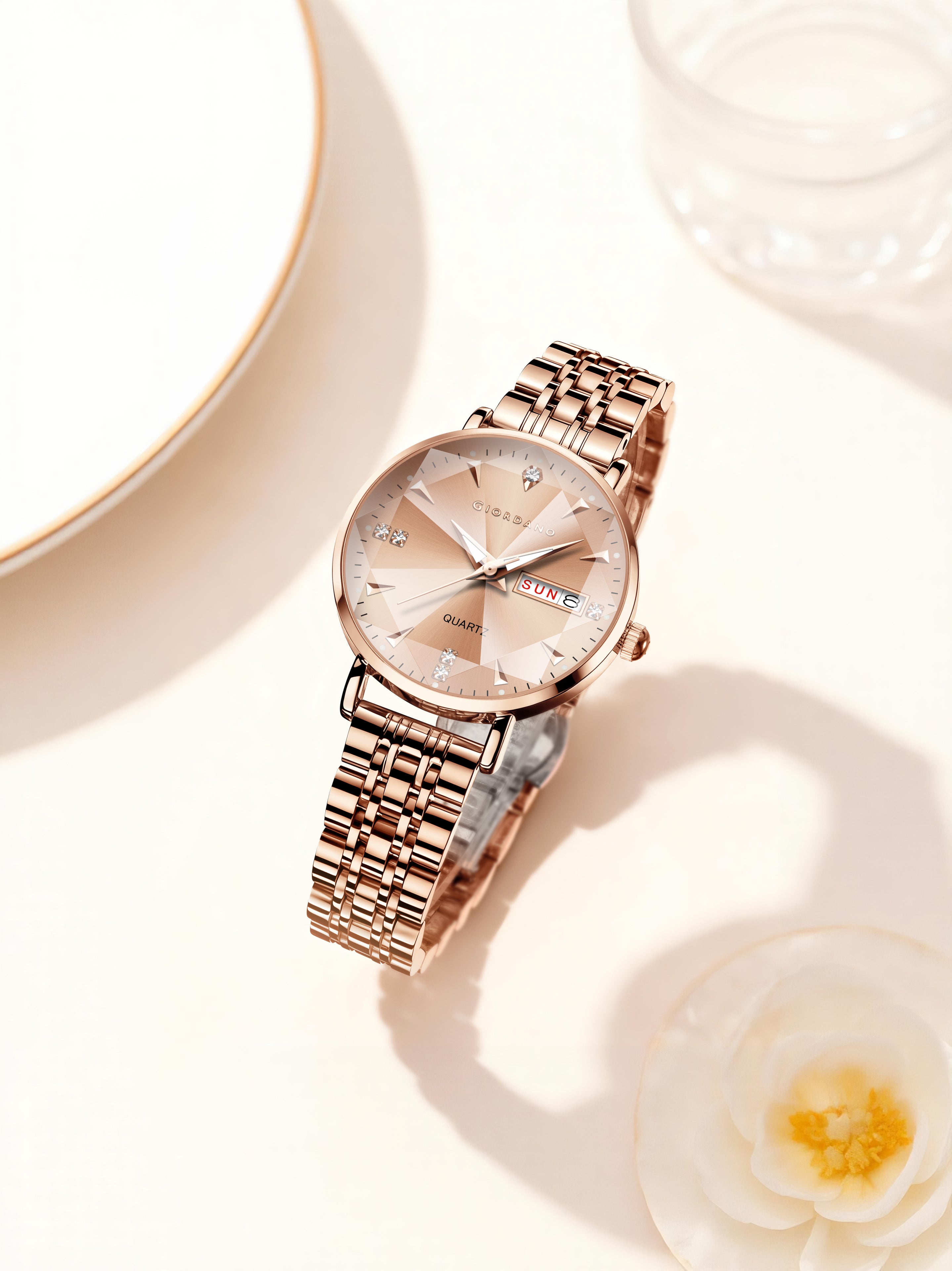 Giordano Rose Gold Analog Watch for Women with Luminous Hands & Markers, Day & Date Display and Stainless Steel Strap - GZ-60139-22