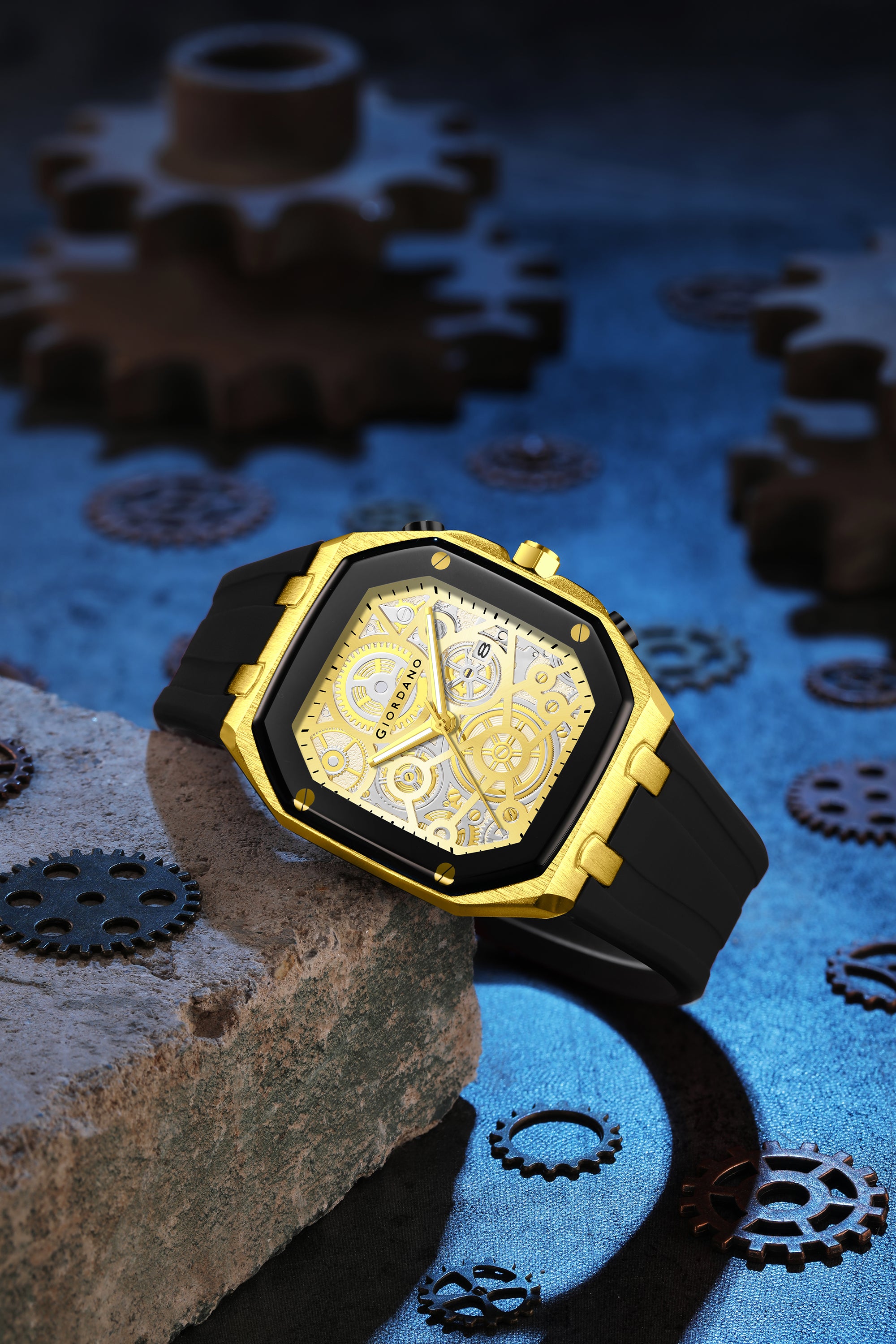 Giordano Skeleton Dial Analog Watch for Men – Gold Tone Case, Black Silicone Strap, Date Display & Transparent Mechanical Design GZ-50221-02