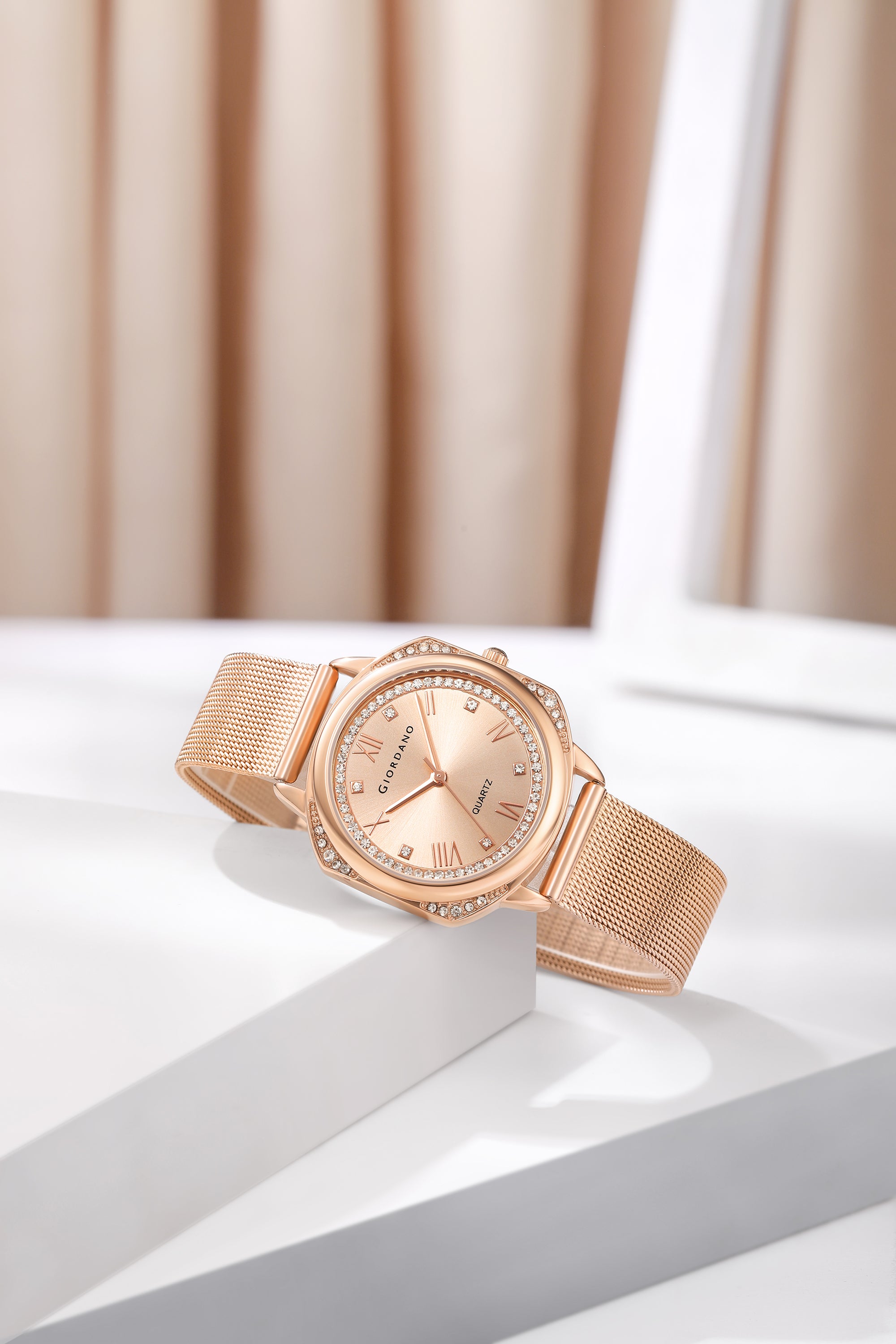 Giordano Rose Gold Analog Quartz Watch Gift Set for Women – 3 Piece Combo with Mesh Strap, Roman Numeral Crystal Studded Dial, Round Pearl Pendant Necklace & Bangle Bracelet - GZ-60183-22