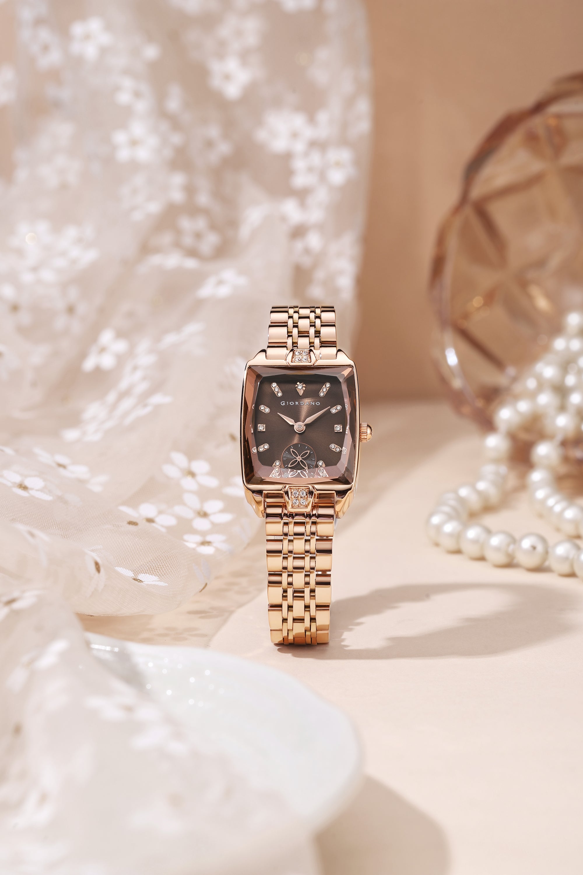 Giordano Analog Watch For Women - Rectangular Dial, Crystal Hour Markers And Rose Gold Stainless Steel Strap GZ-60102-11