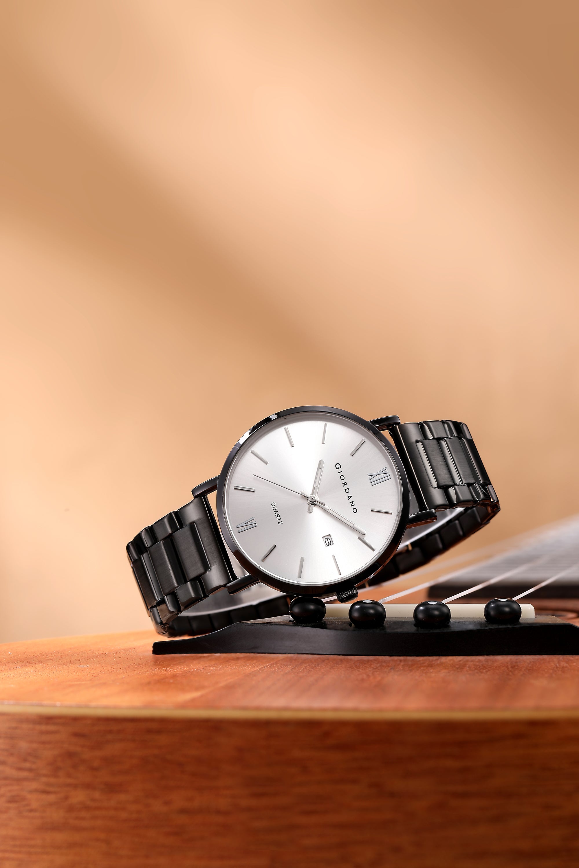 Giordano Analog Quartz Watch for Men with Round White Dial, Roman Indices, Date Function, Luminous Hands, Black Stainless Steel Strap - GZ-50211-11