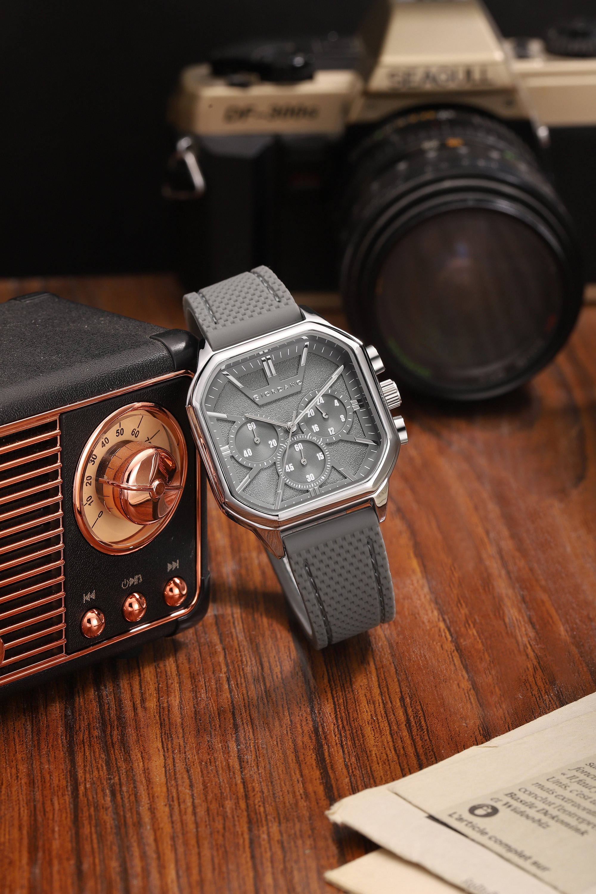 Giordano Analog Chronograph Watch for Men with Square Dial, Multi-Function Subdials, Quartz Movement and Silicone Strap - GZ-50171-22