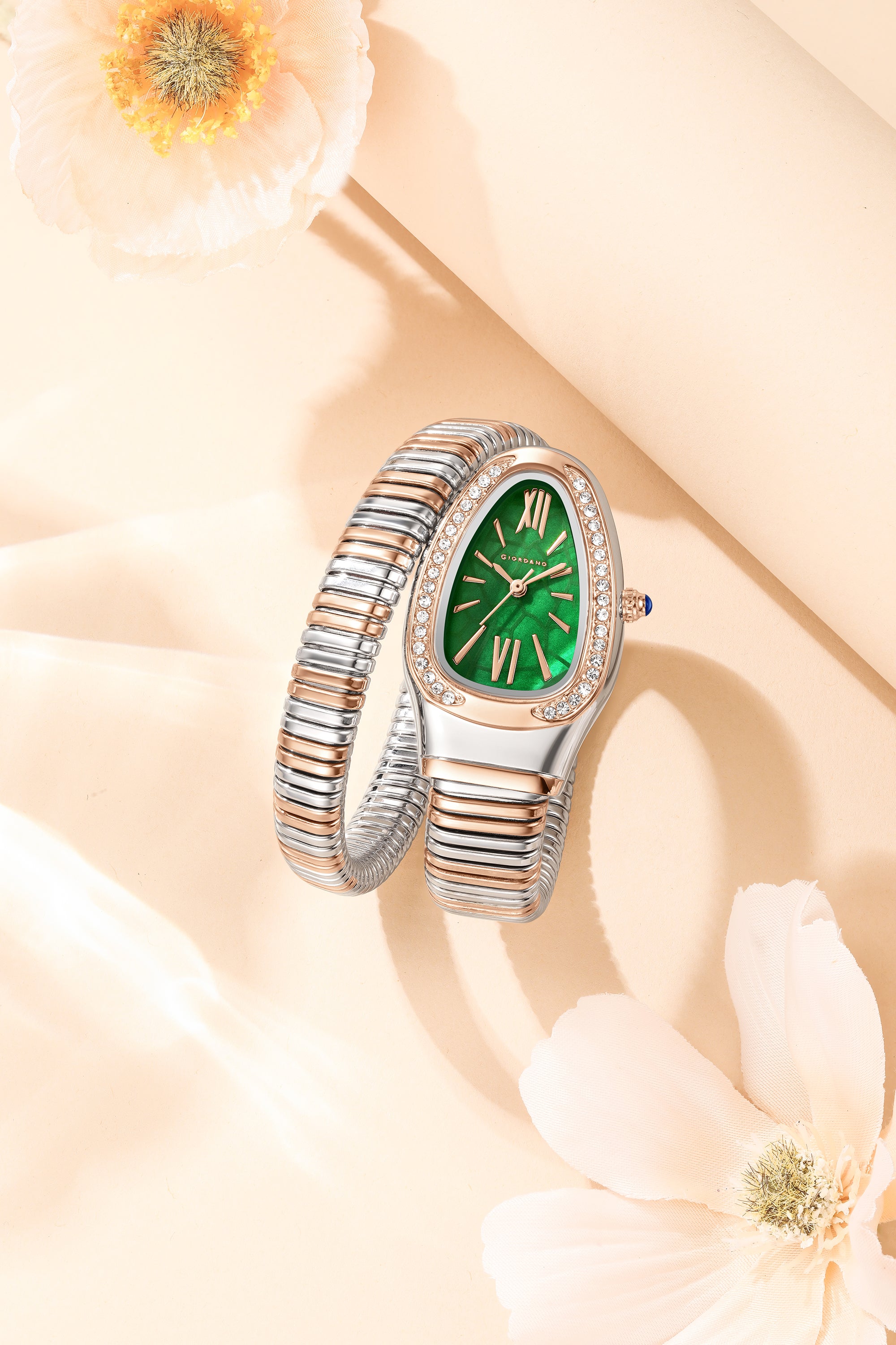 Giordano Serpentine Collection Analog Quartz Watch for Women with Green Geometric-Textured Dial, Crystal-Studded Bezel, Roman Numerals & Snake-Style Wrap-Around Stainless Steel Strap - GZ-60189-33