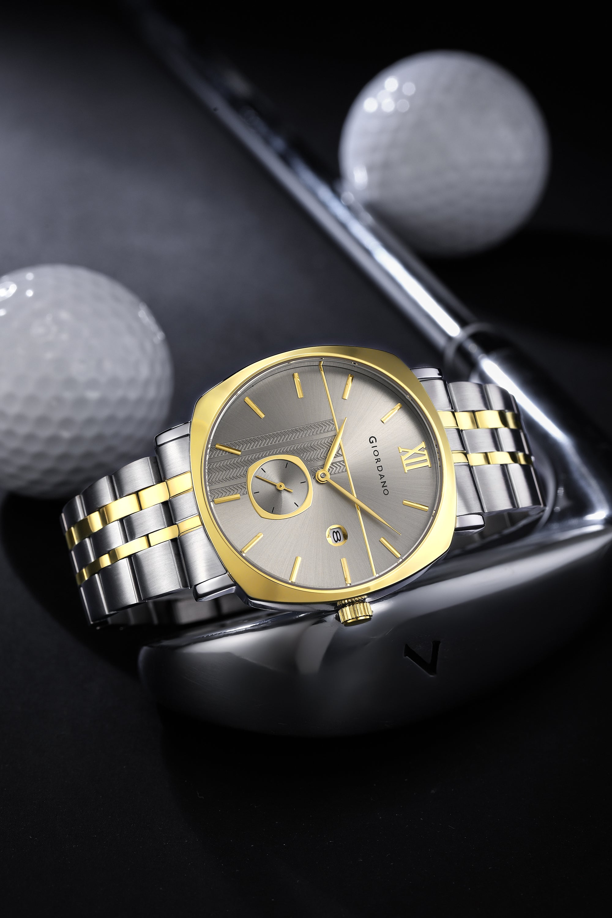 Giordano Analog Quartz Watch for Men with Grey Sunray Patterned Dial, Roman XII & Baton Hour Markers, Small Seconds Sub-Dial, Date Display and Two-Tone Gold & Silver Stainless Steel Strap GZ-50192-44