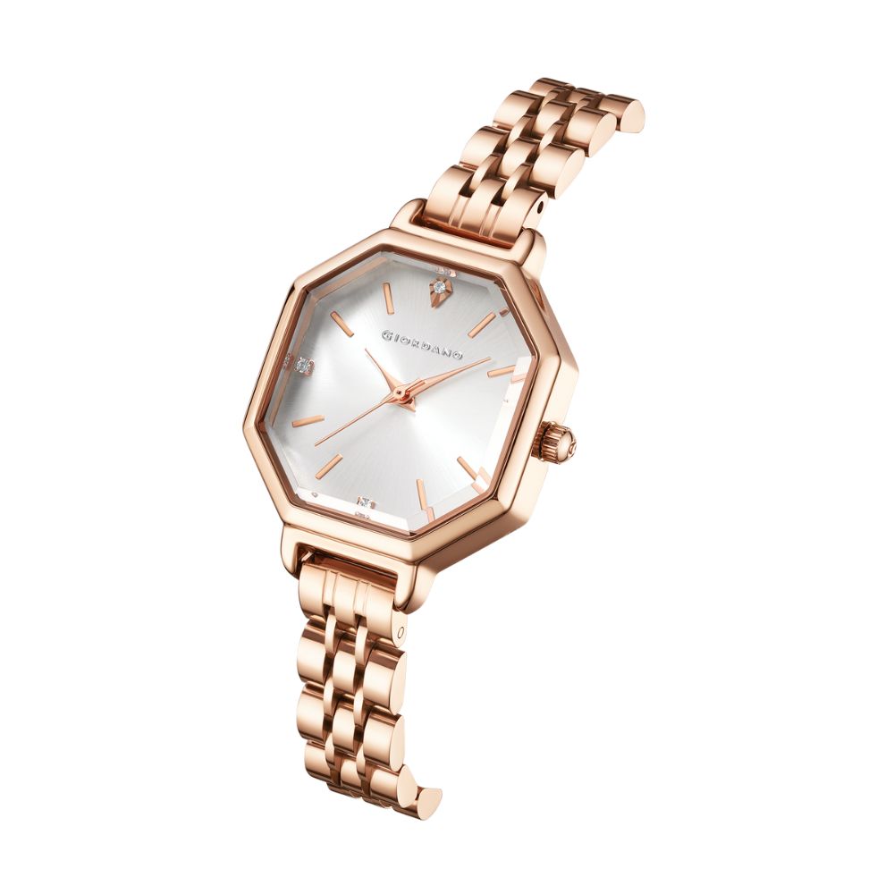Giordano Analog Watch for Women – Classic octagonal gloss finish Dial with rose gold stainless steel strap | GZ-60113-33